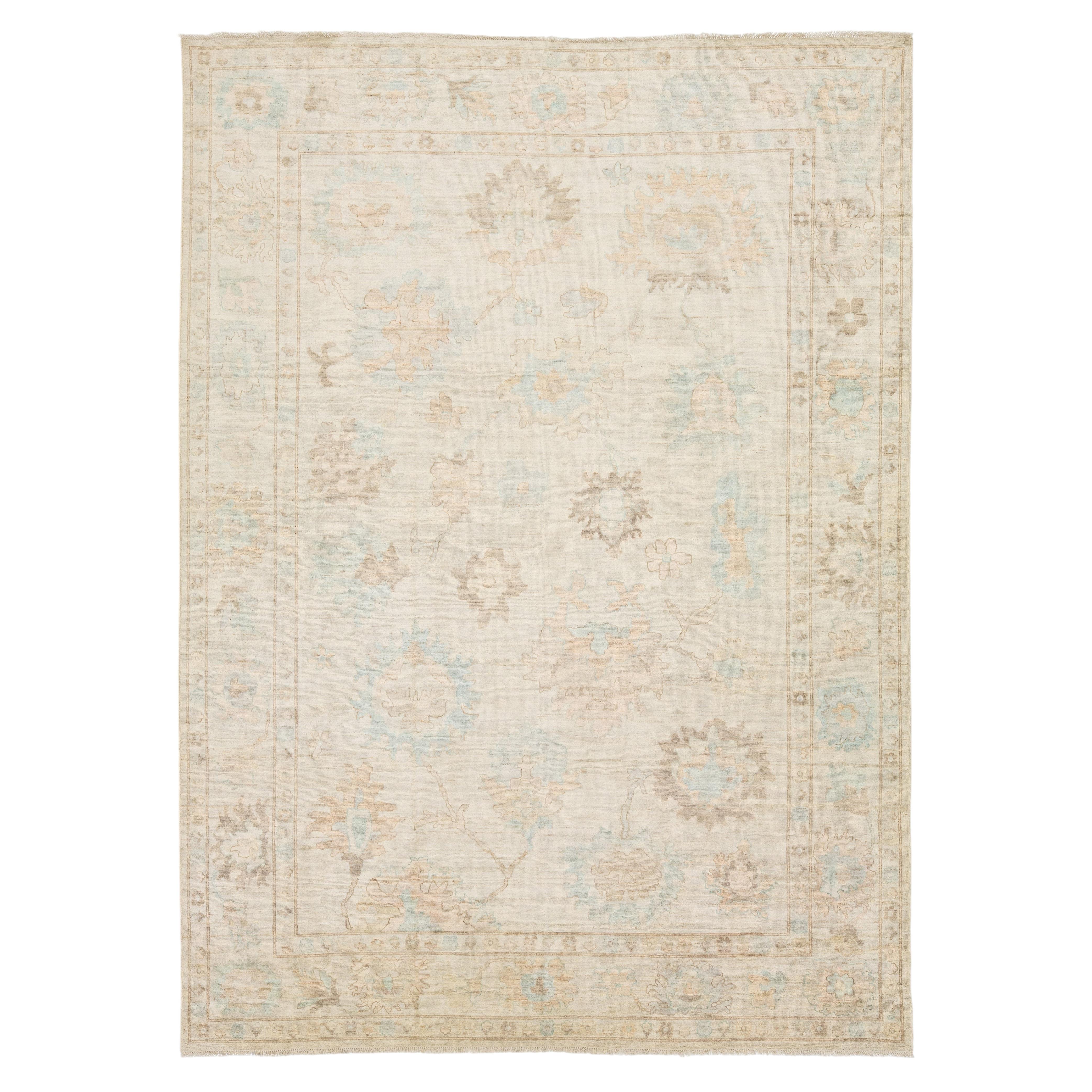 10x14 Muted Modern Oushak Style Hand-Knotted Wool Rug With Botanical motifs