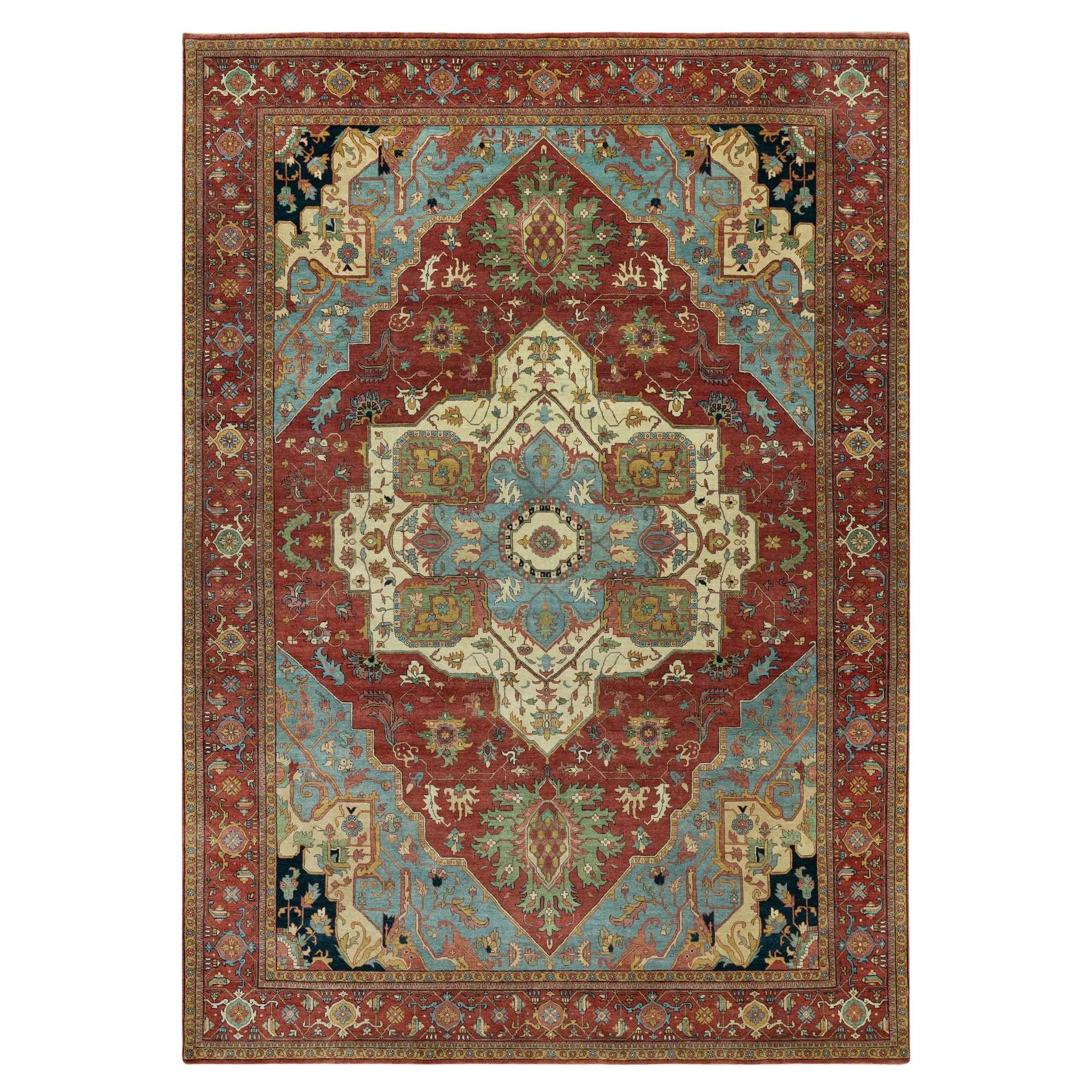 10'x14' Alfombra Oriental de Lana Roja Brillante Anudada a Mano Antiqued Fine Heriz Re-Creation