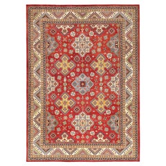 10'x14' Rouge, Spécial Kazak, Pure Laine, Noué à la main, Tapis d'Orient