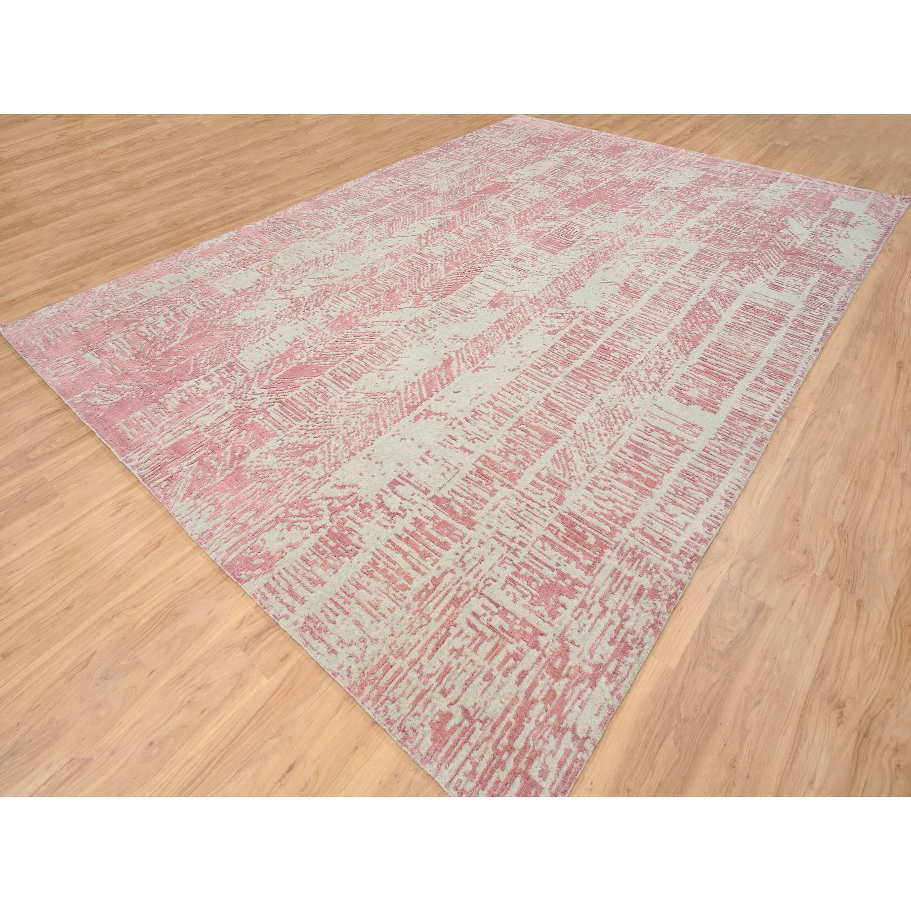 Indian 10'x14' Rose Pink, All Over Design Wool and Art Silk, Jacquard Hand Loomed Rug For Sale
