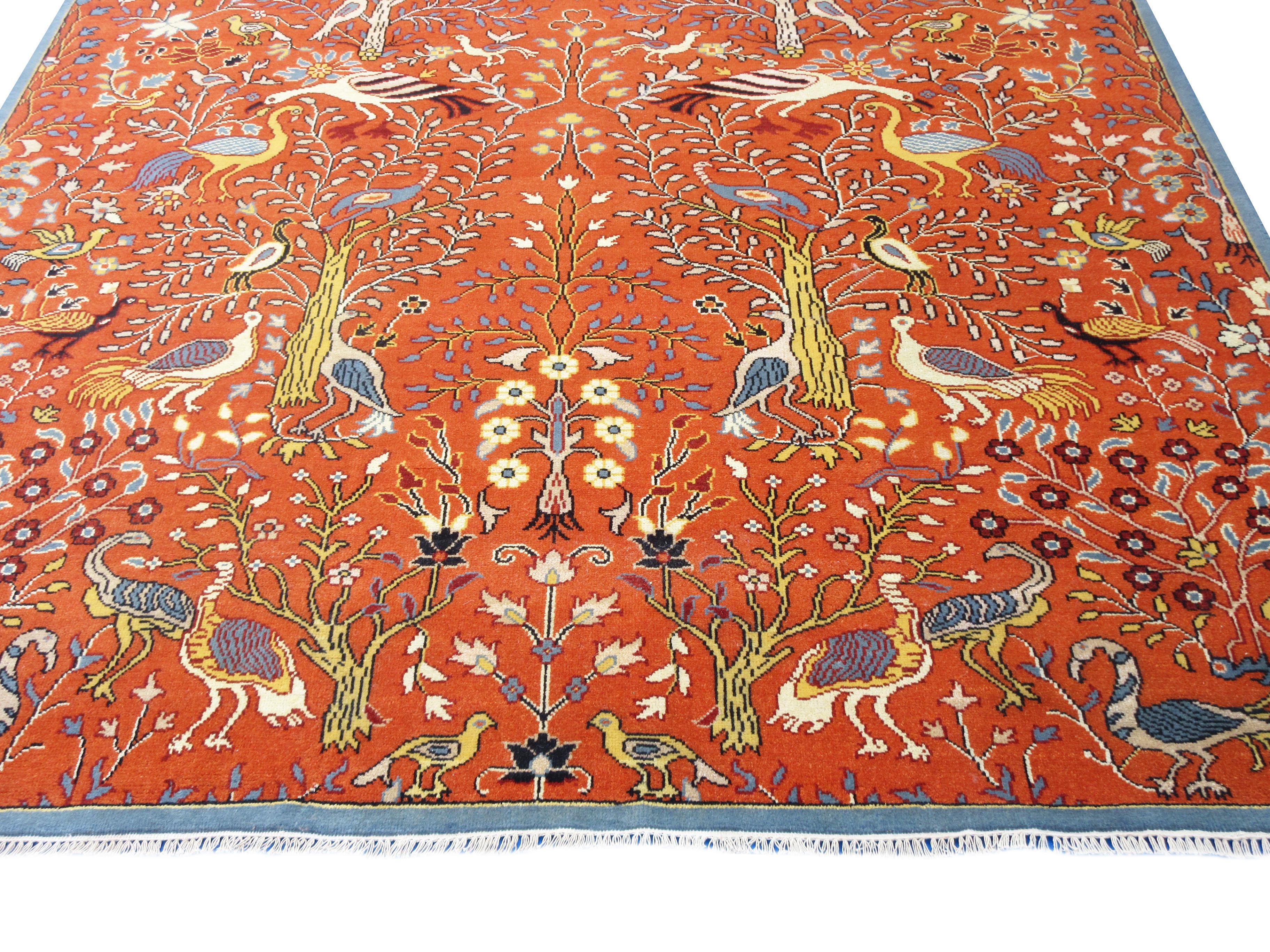 Hand-Knotted Rust Bird Design Rug For Sale
