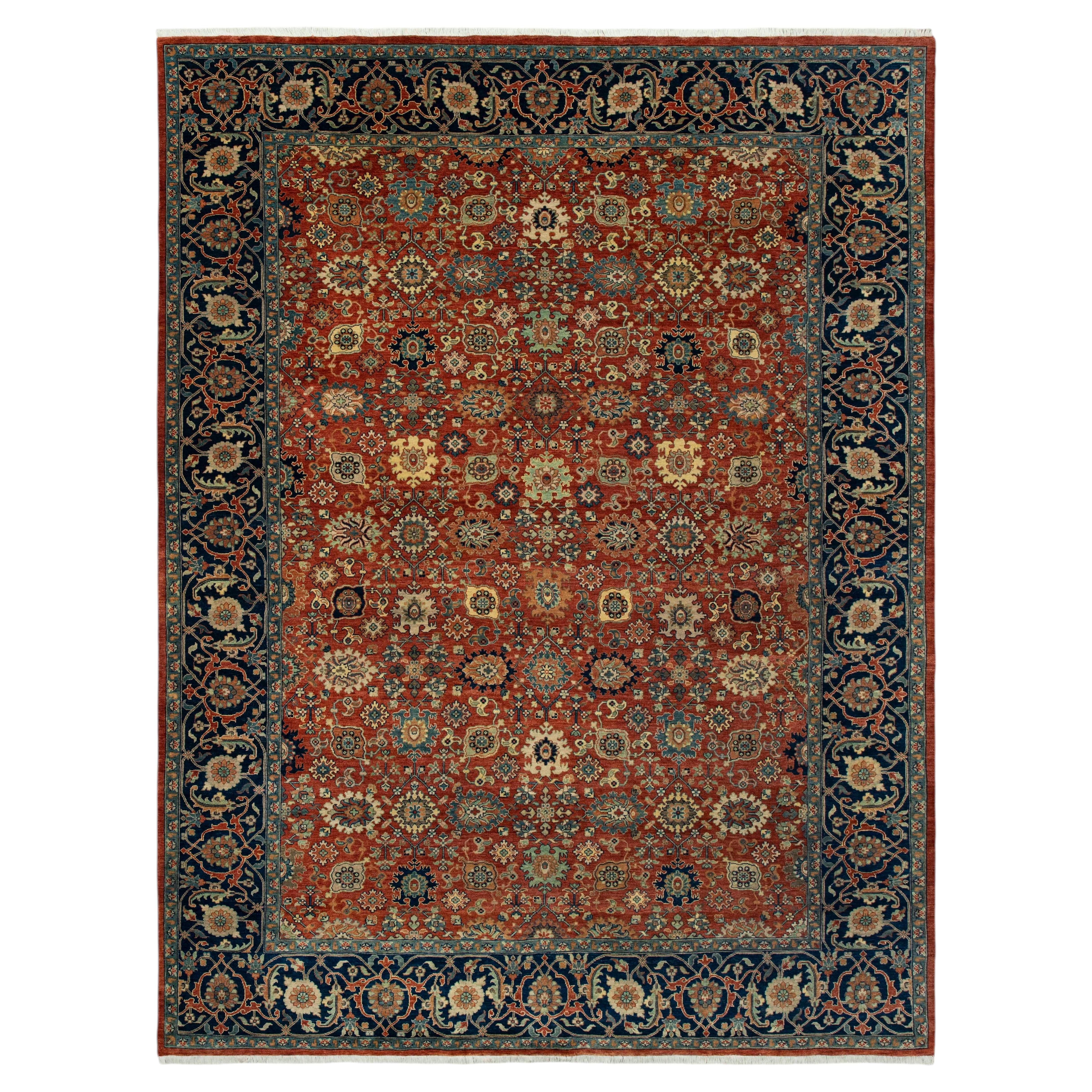 10x14 Rust Navy Floral Motif Hand Knotted Persian Carpet ( G-13299)