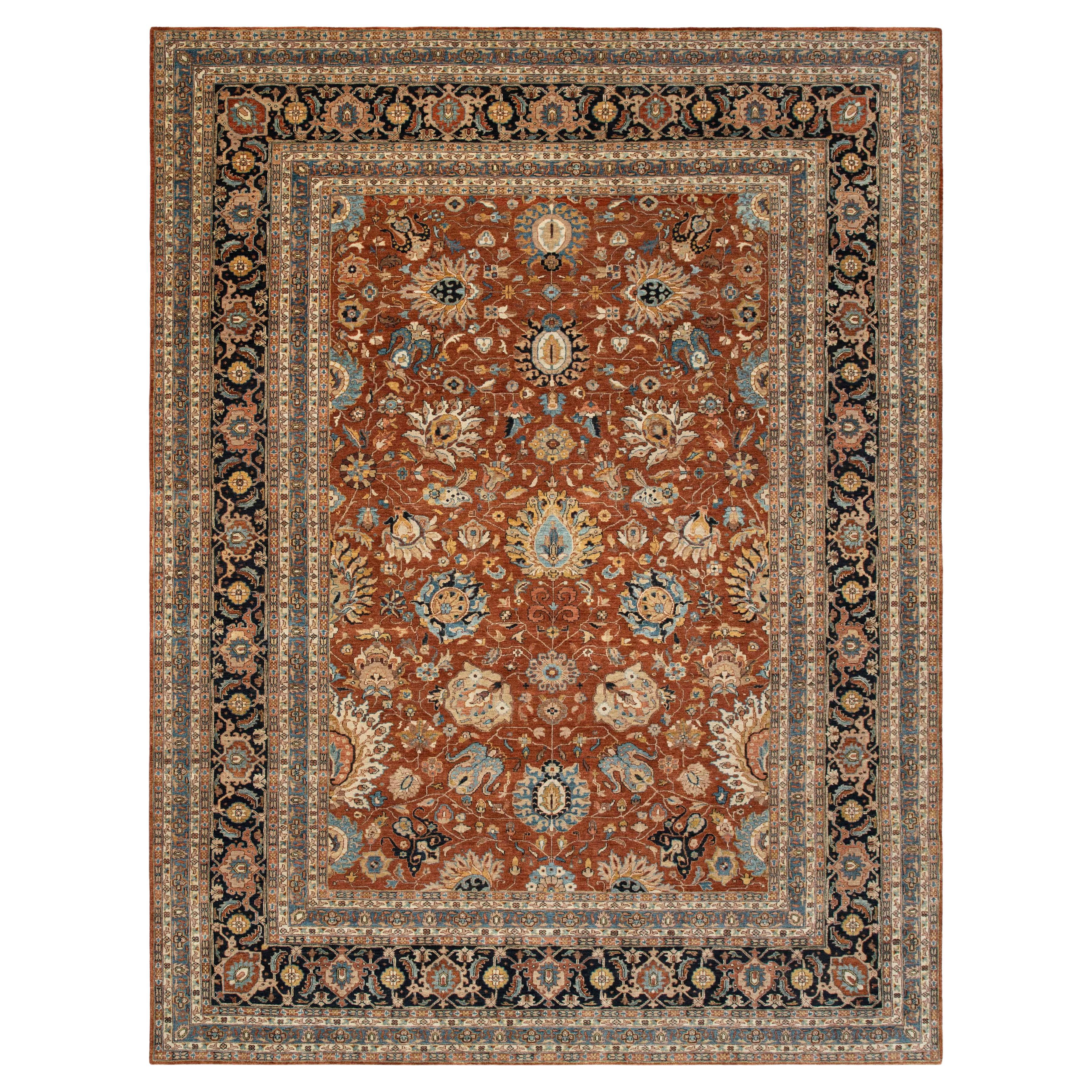 10x14 Rust Navy Tabriz-Style Persian Tabriz Wool Rug ( 13557) For Sale