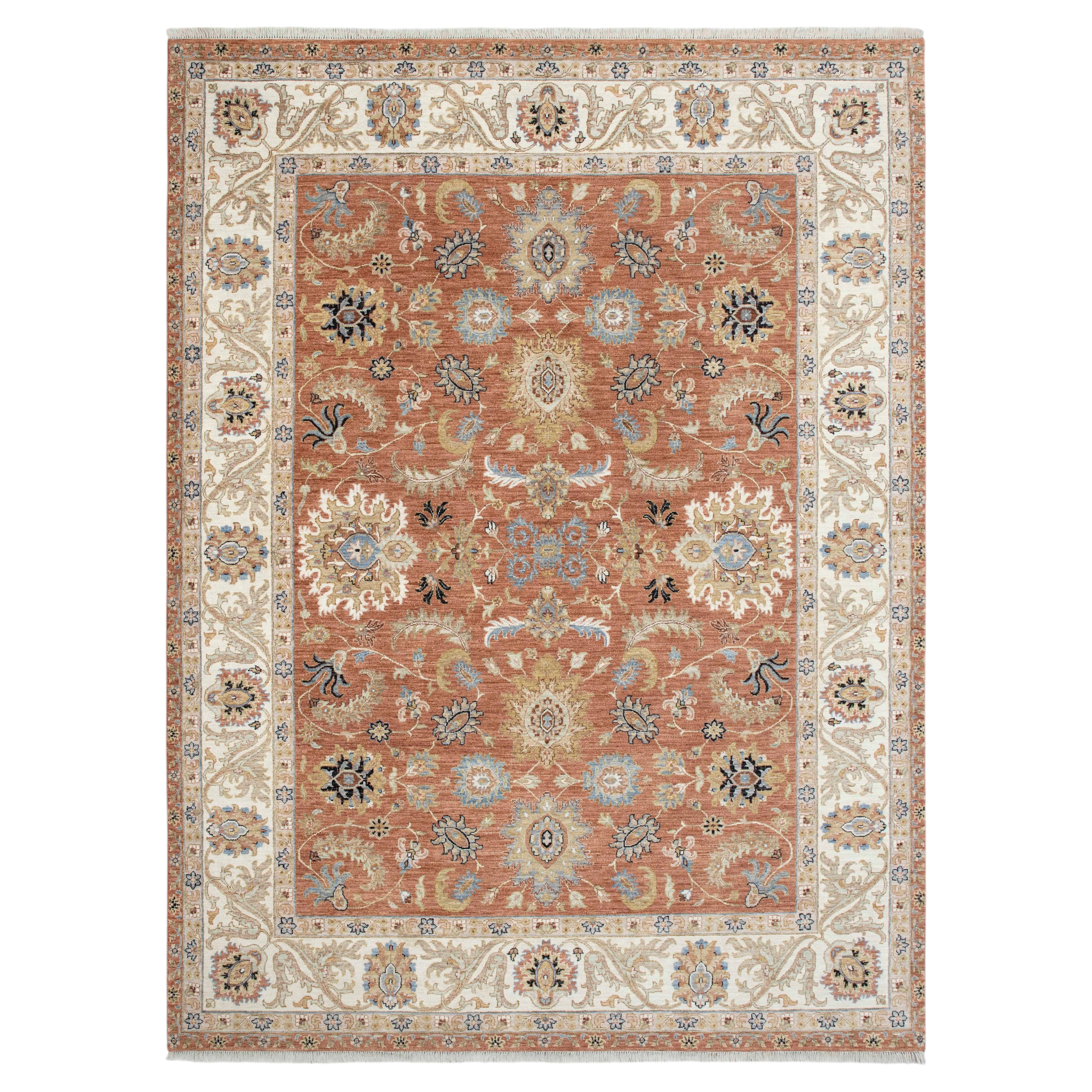 10x14 Rust Red Ivory Wool Floral Motifs Hand Knotted Persian Rug ( G-14329)
