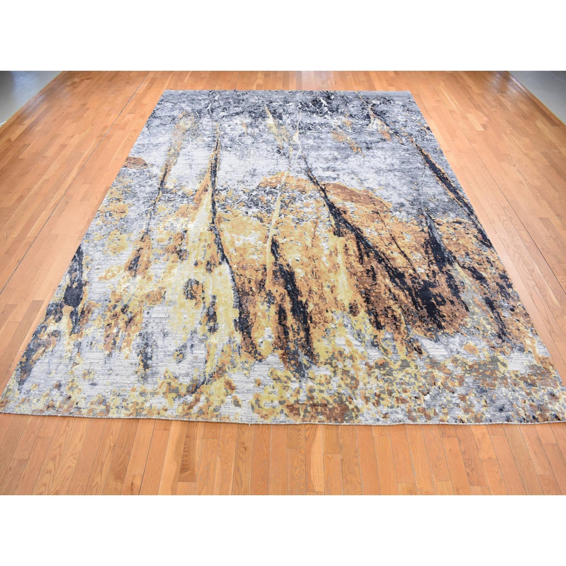 Moderno 10'x14' Blu mare con disegno fossile marrone in lana e seta annodata a mano in vendita