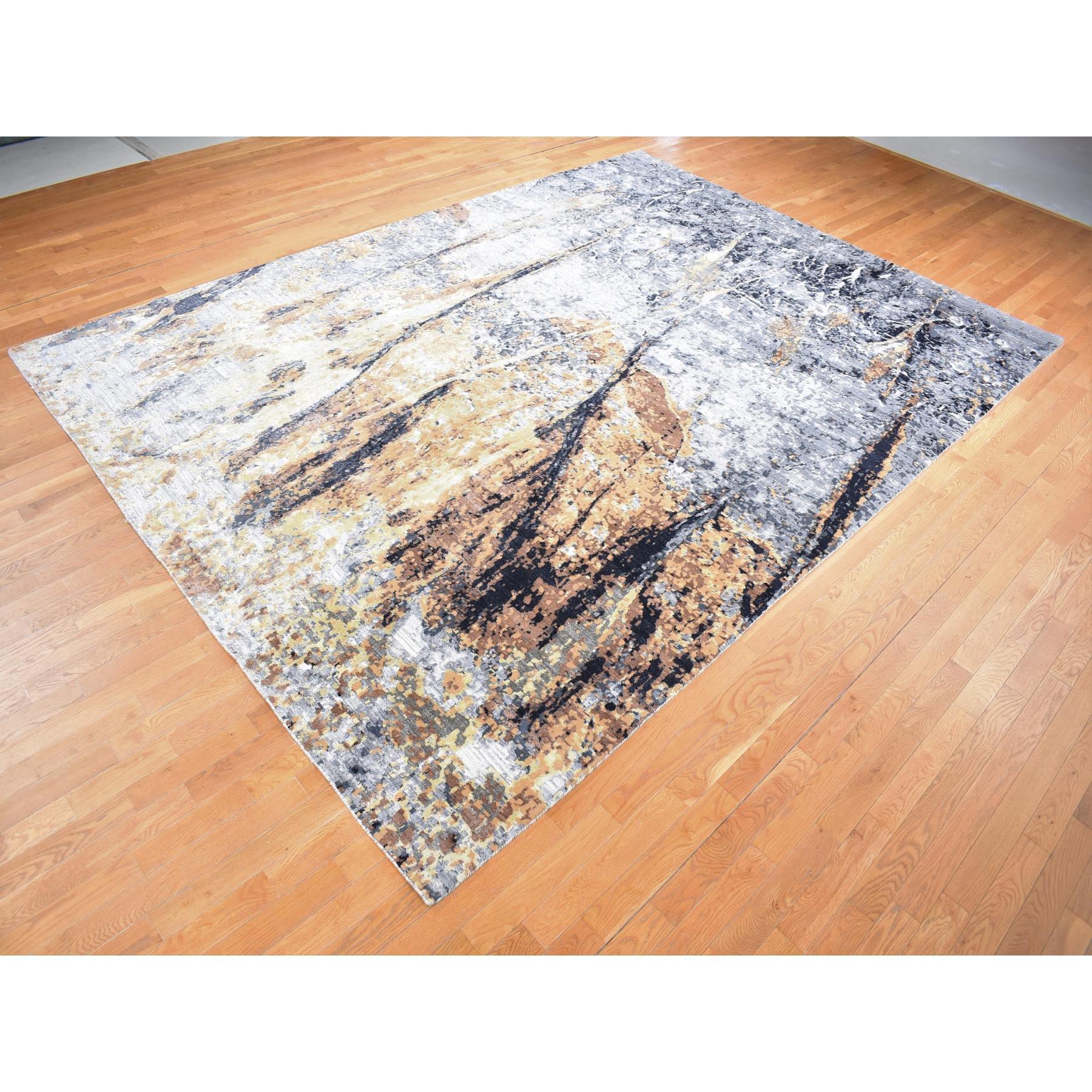 Afghano 10'x14' Blu mare con disegno fossile marrone in lana e seta annodata a mano in vendita