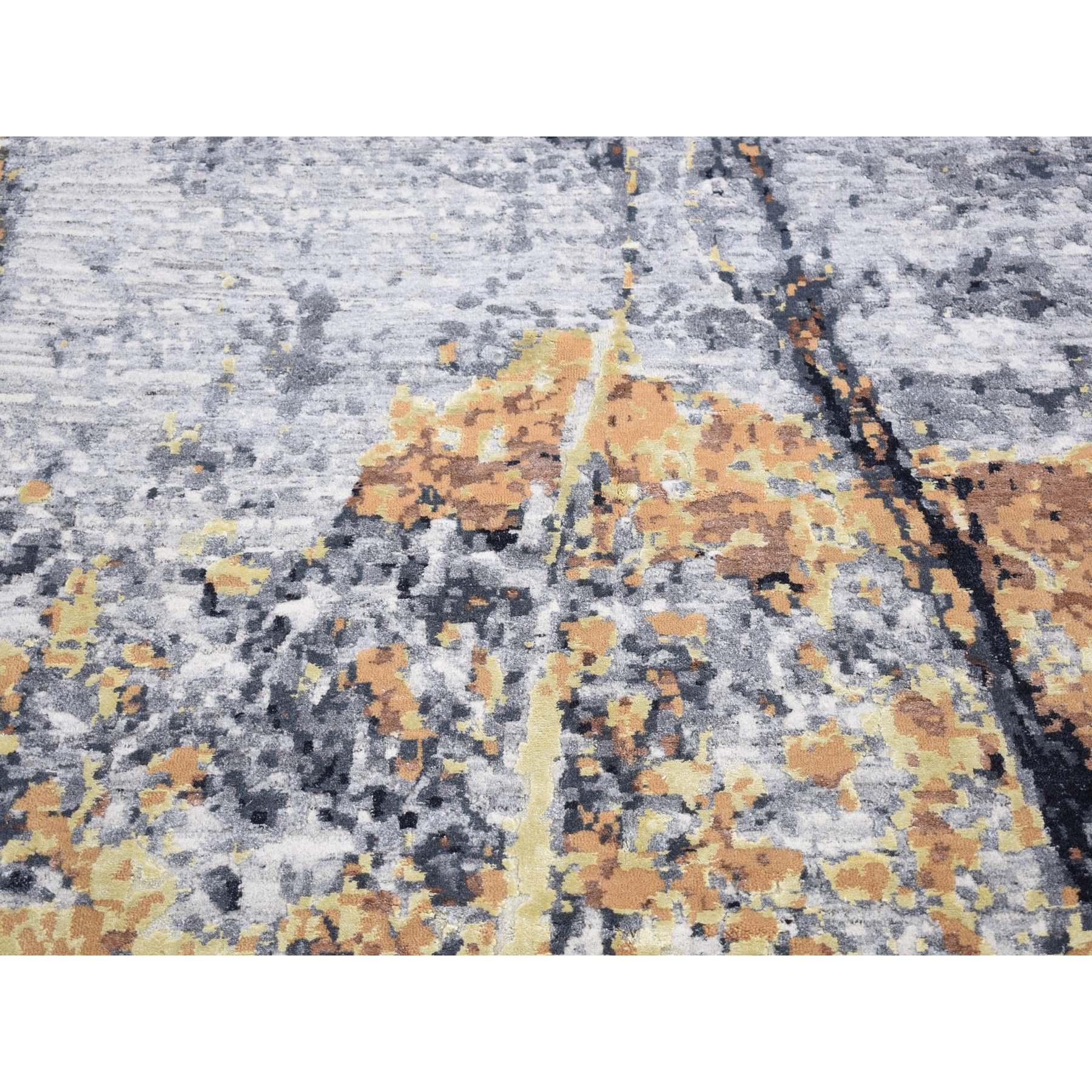 10'x14' Blu mare con disegno fossile marrone in lana e seta annodata a mano in vendita 1