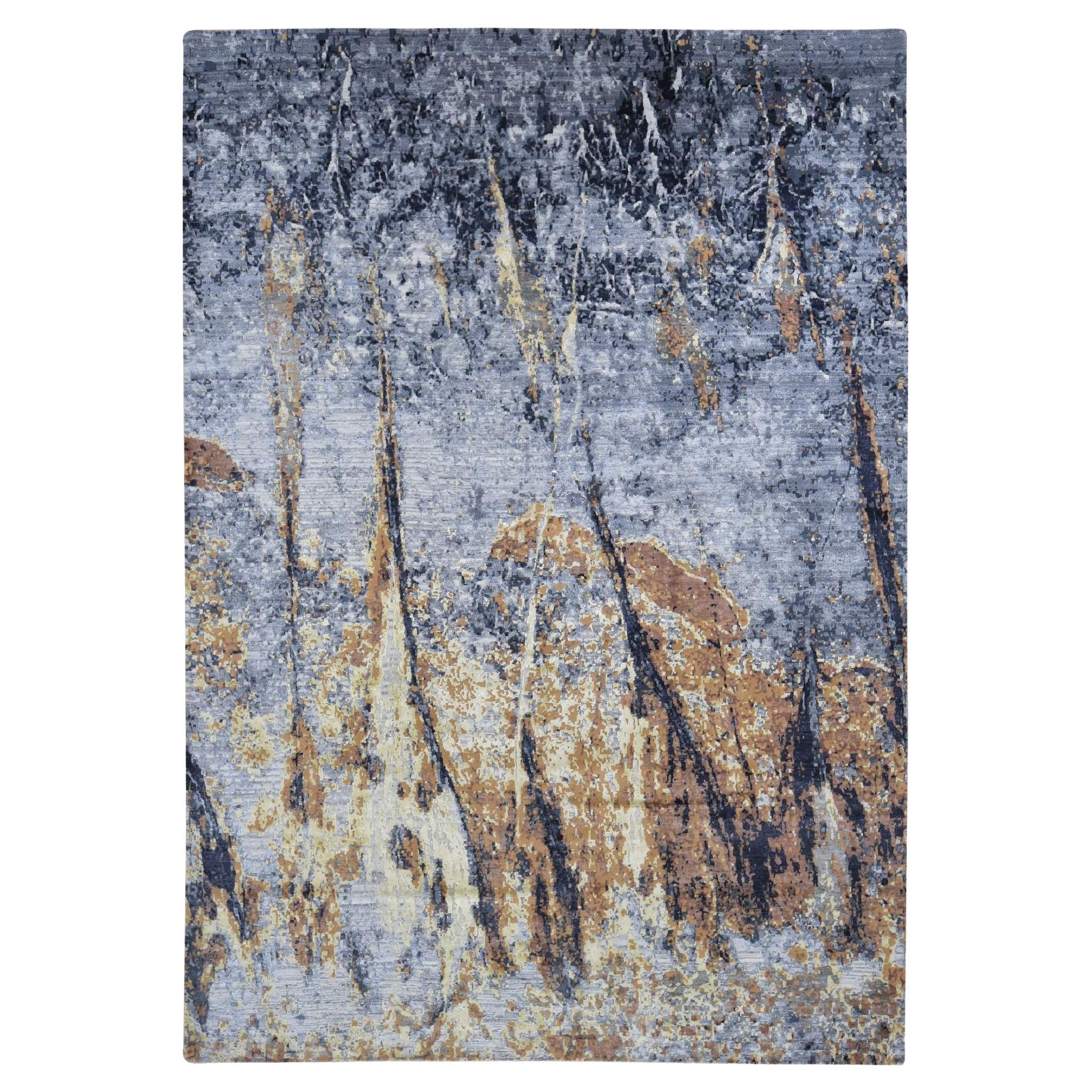 10'x14' Blu mare con disegno fossile marrone in lana e seta annodata a mano in vendita