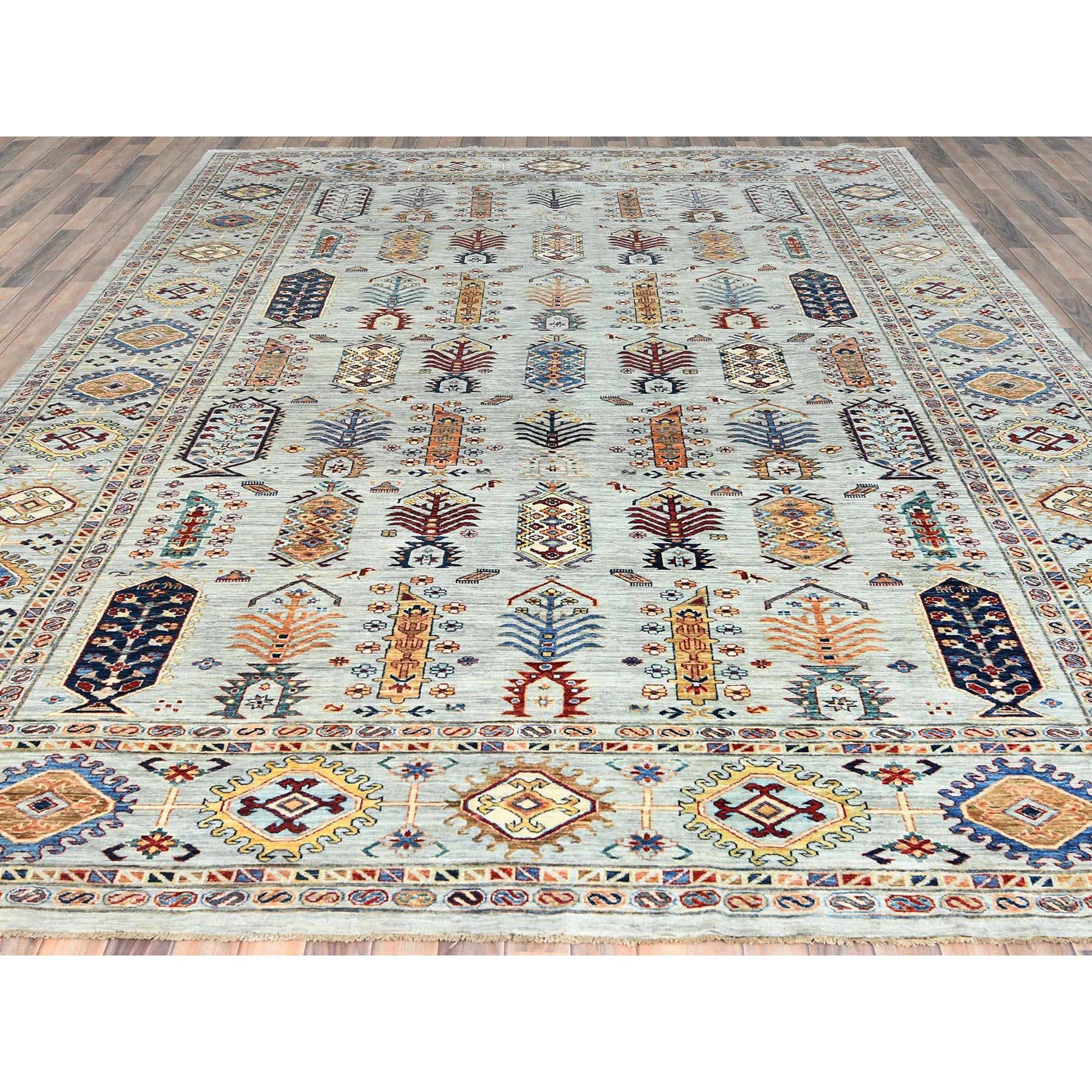 Kazakh 10'x14' Bleu argenté Pure Laine Noué à la main Afghan Super Kazak Tapis d'Orient en vente