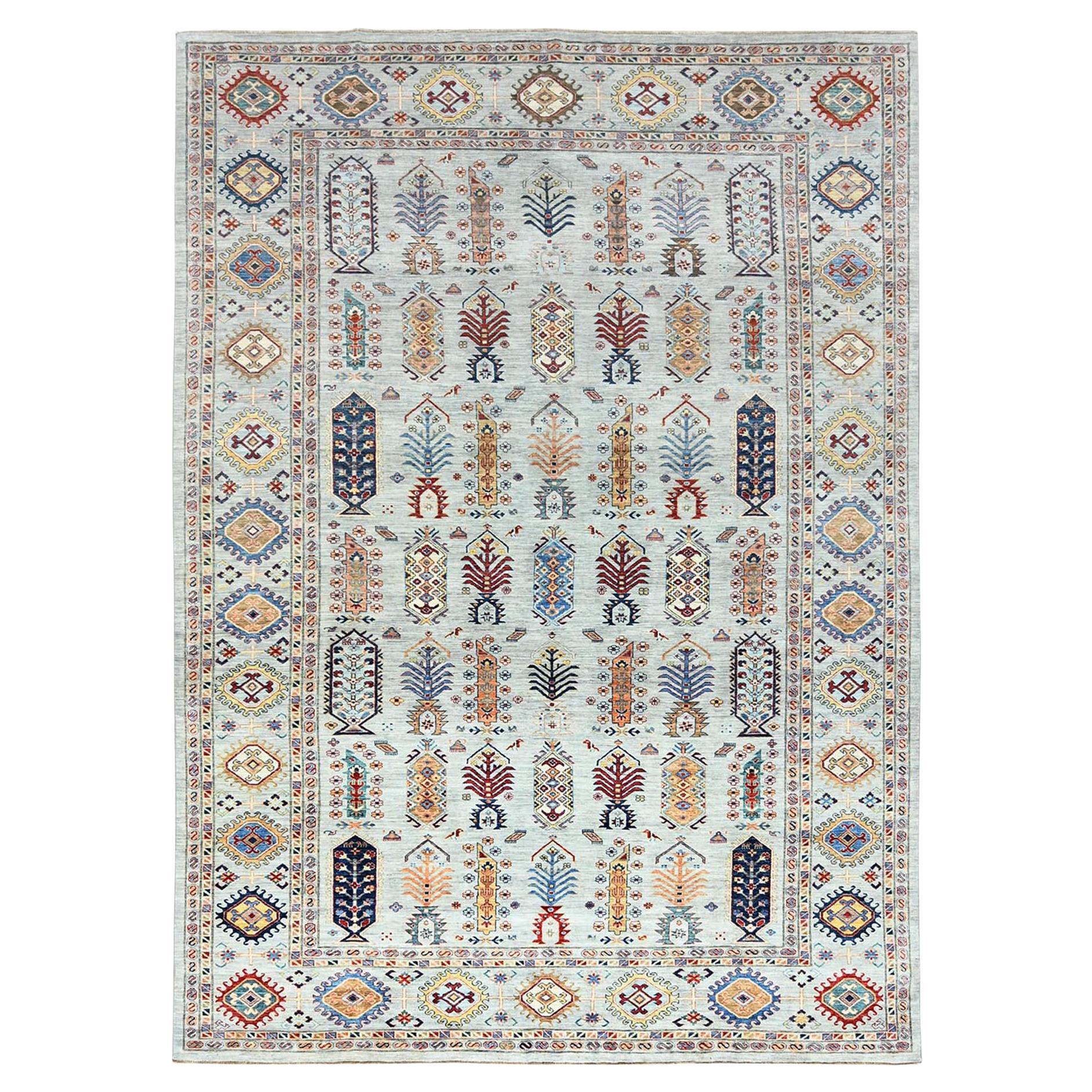 10'x14' Bleu argenté Pure Laine Noué à la main Afghan Super Kazak Tapis d'Orient en vente