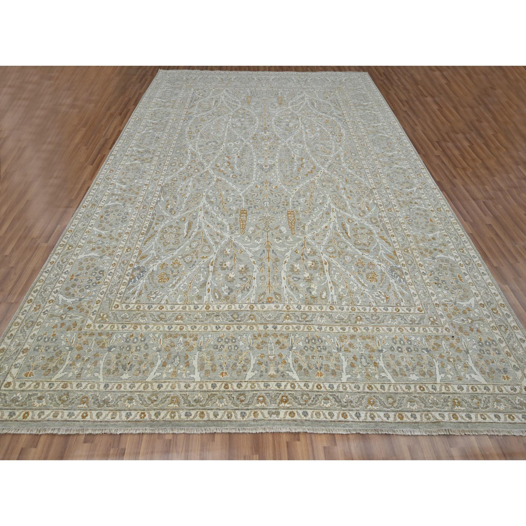 Stone Gray, Meditation Tree of Life Design, Tone on Tone, Zero Pile, 100% Wool, Densely Woven, Hand Knotted, 200 KPSI, Oriental Rug
Primary materials: Wool
Latex: No Pile 
height: 0.25 Inches
Style: Traditional
Primary color: Grey
Secondary colors:
