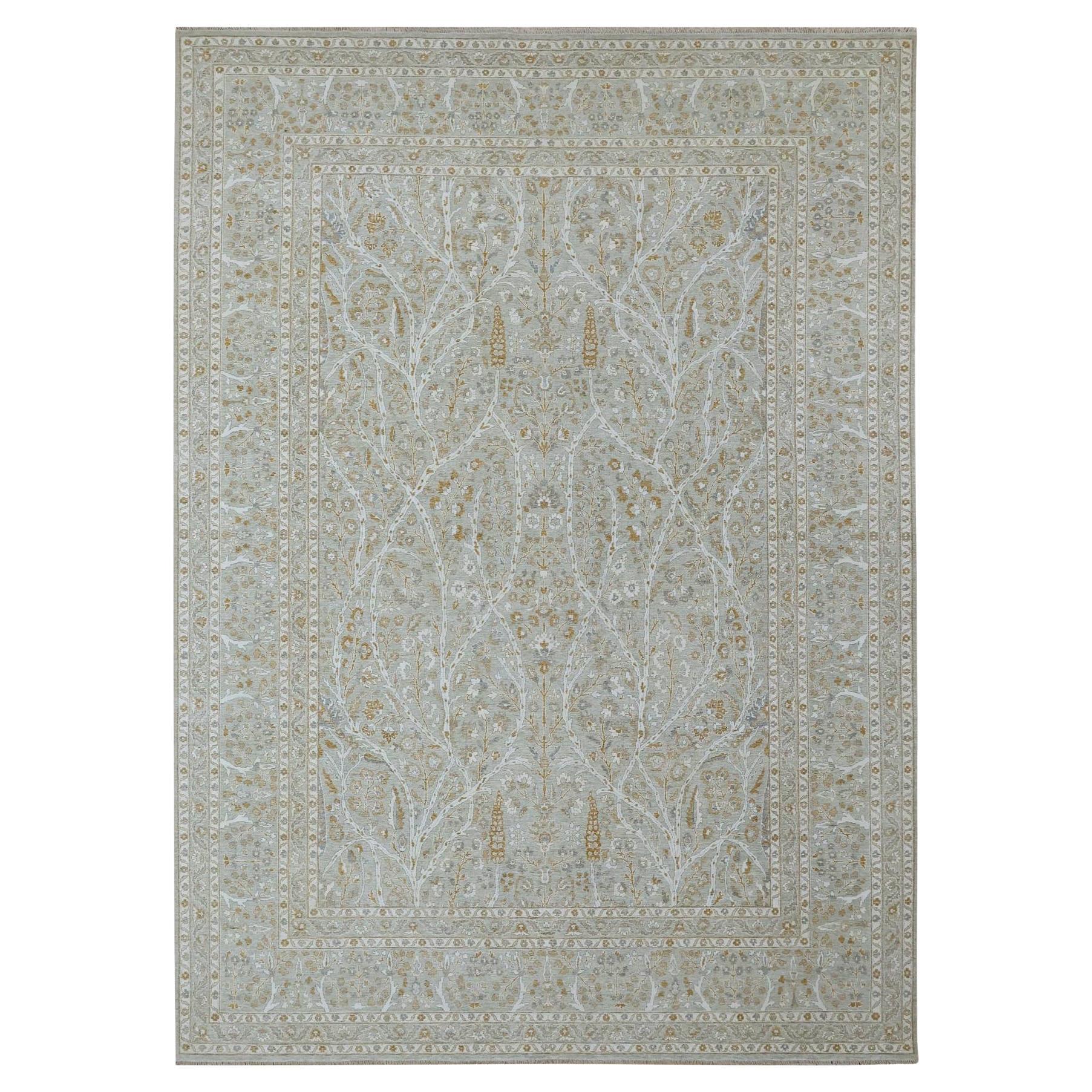 10'x14' Stone Gray Tree of Life Design Hand Knotted Pure Wool Oriental Rug For Sale