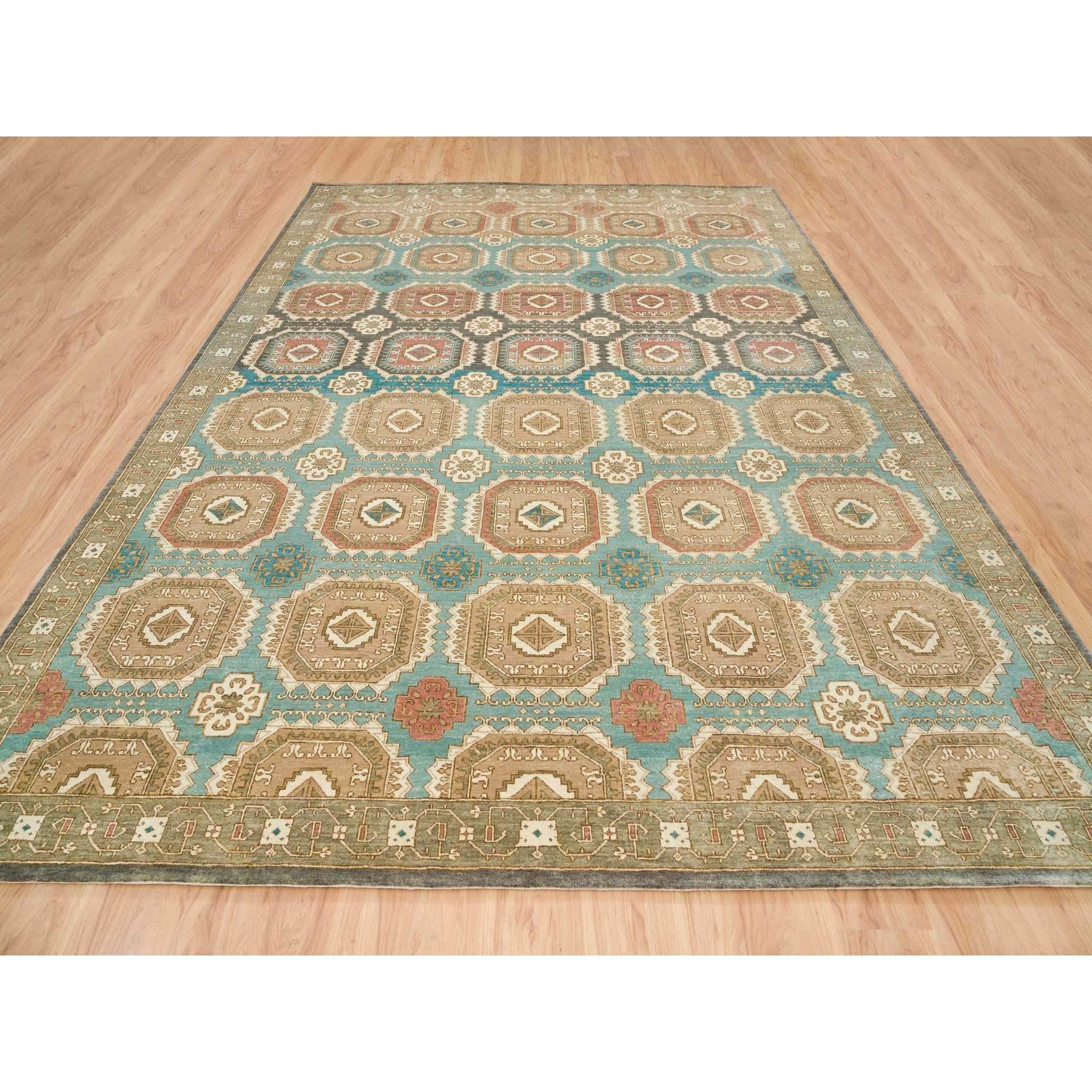 Médiéval 10'x14' Tapis oriental turquoise/marron en laine de Ghazni filée à la main à motifs Gul du Caucase en vente