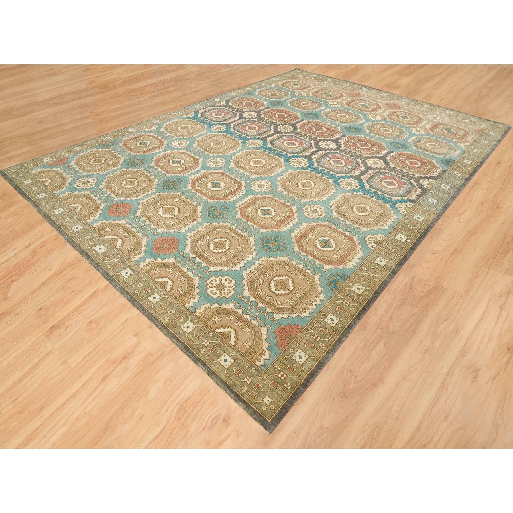 Indien 10'x14' Tapis oriental turquoise/marron en laine de Ghazni filée à la main à motifs Gul du Caucase en vente