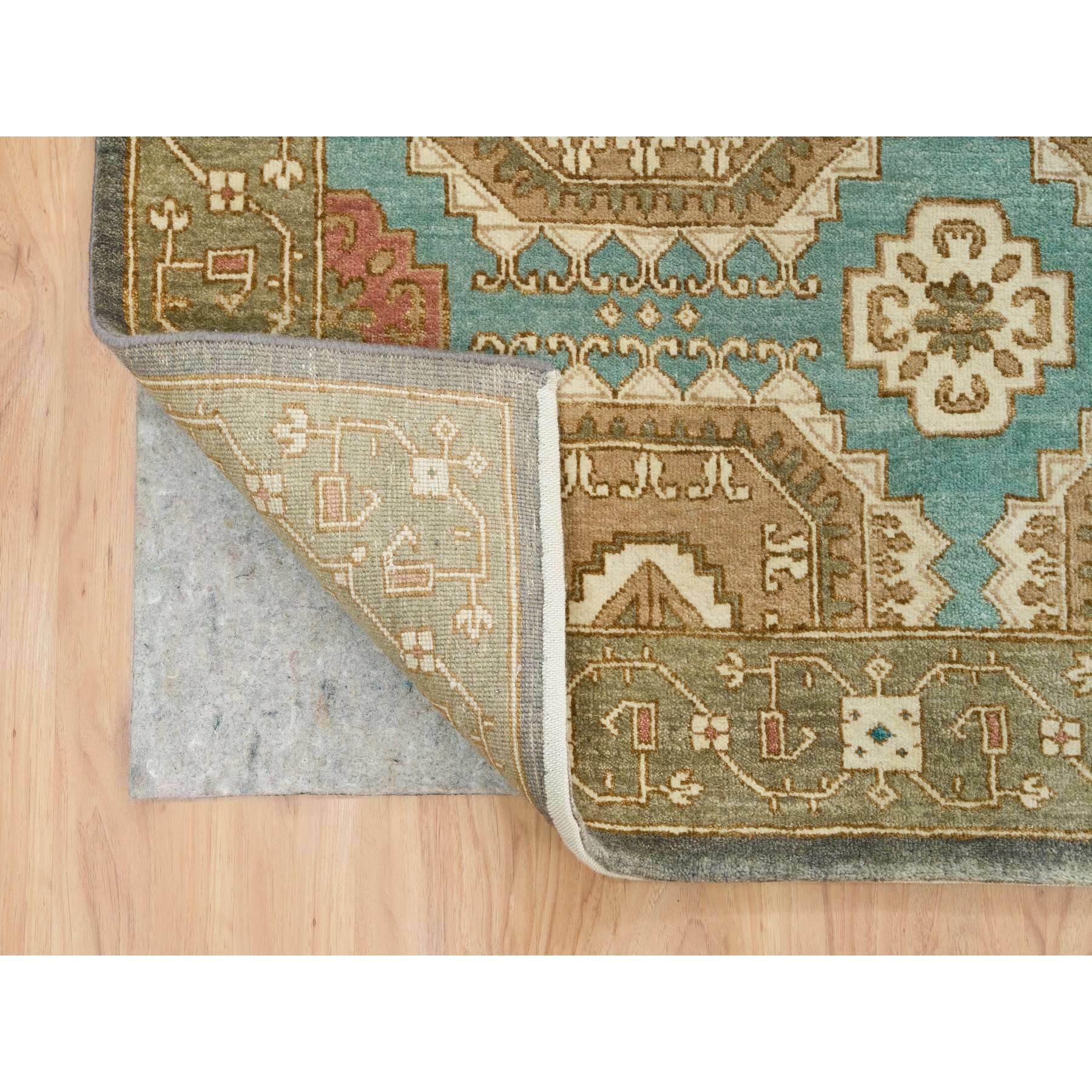 Noué à la main 10'x14' Tapis oriental turquoise/marron en laine de Ghazni filée à la main à motifs Gul du Caucase en vente