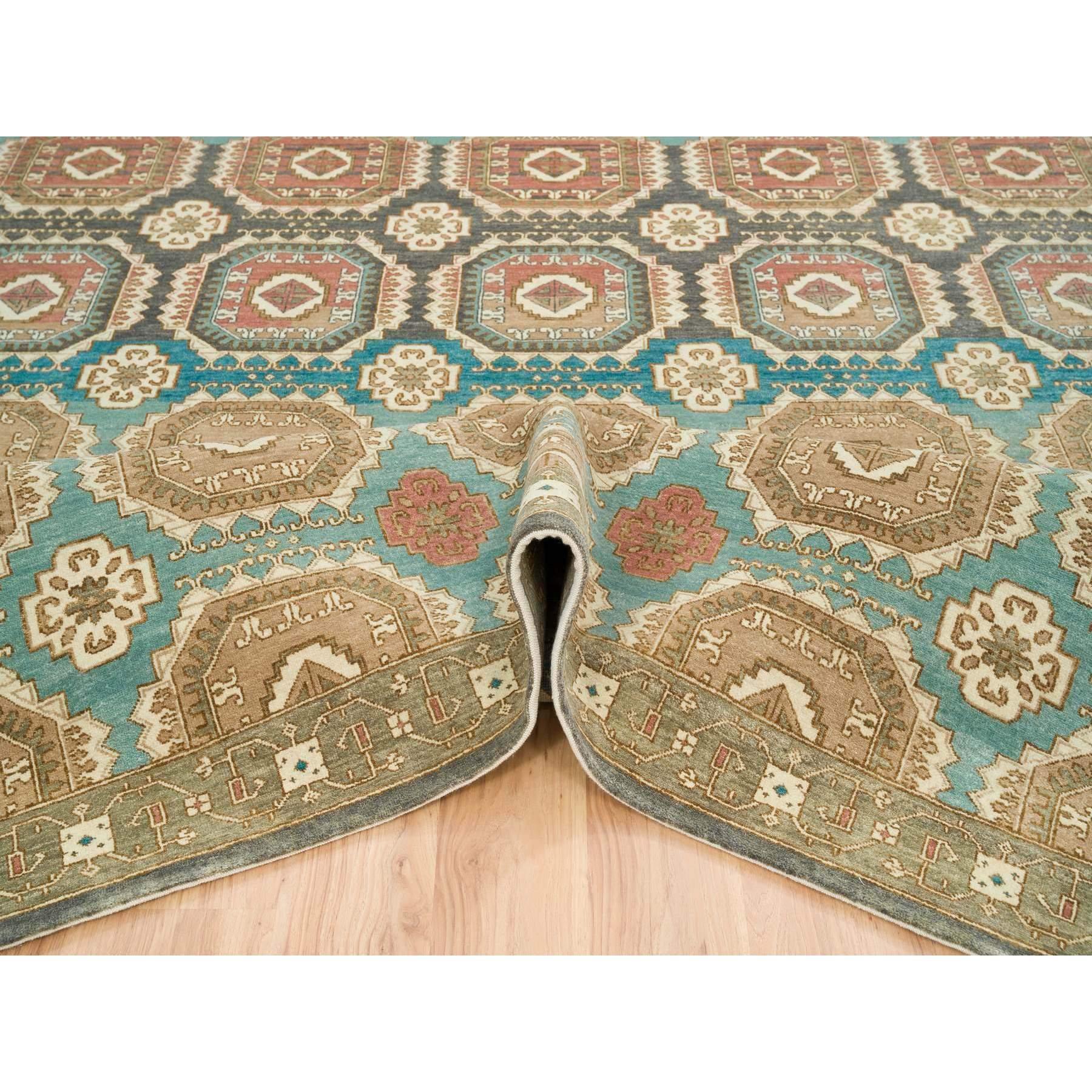 10'x14' Tapis oriental turquoise/marron en laine de Ghazni filée à la main à motifs Gul du Caucase Neuf - En vente à Carlstadt, NJ