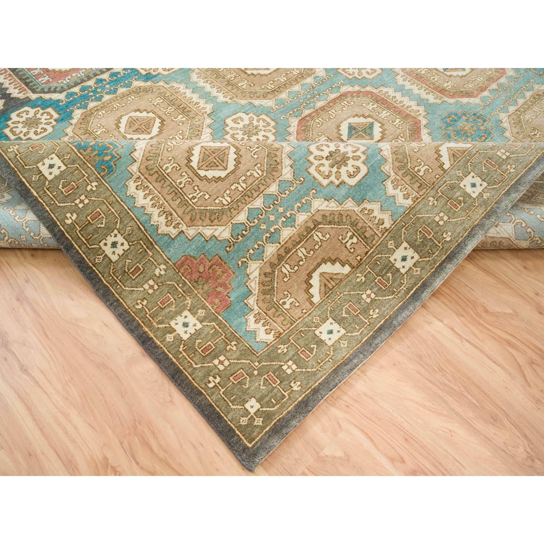 XXIe siècle et contemporain 10'x14' Tapis oriental turquoise/marron en laine de Ghazni filée à la main à motifs Gul du Caucase en vente