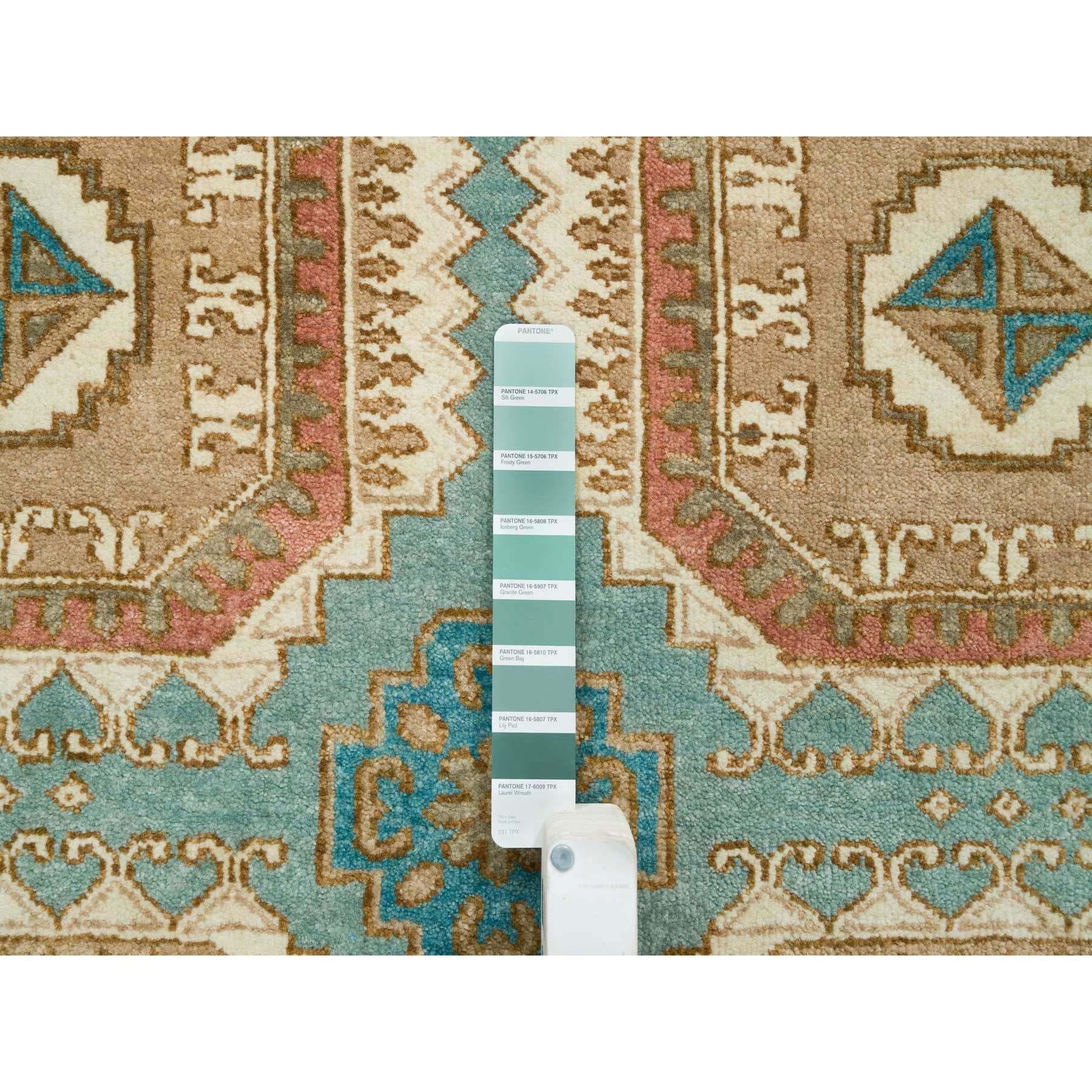 Laine 10'x14' Tapis oriental turquoise/marron en laine de Ghazni filée à la main à motifs Gul du Caucase en vente