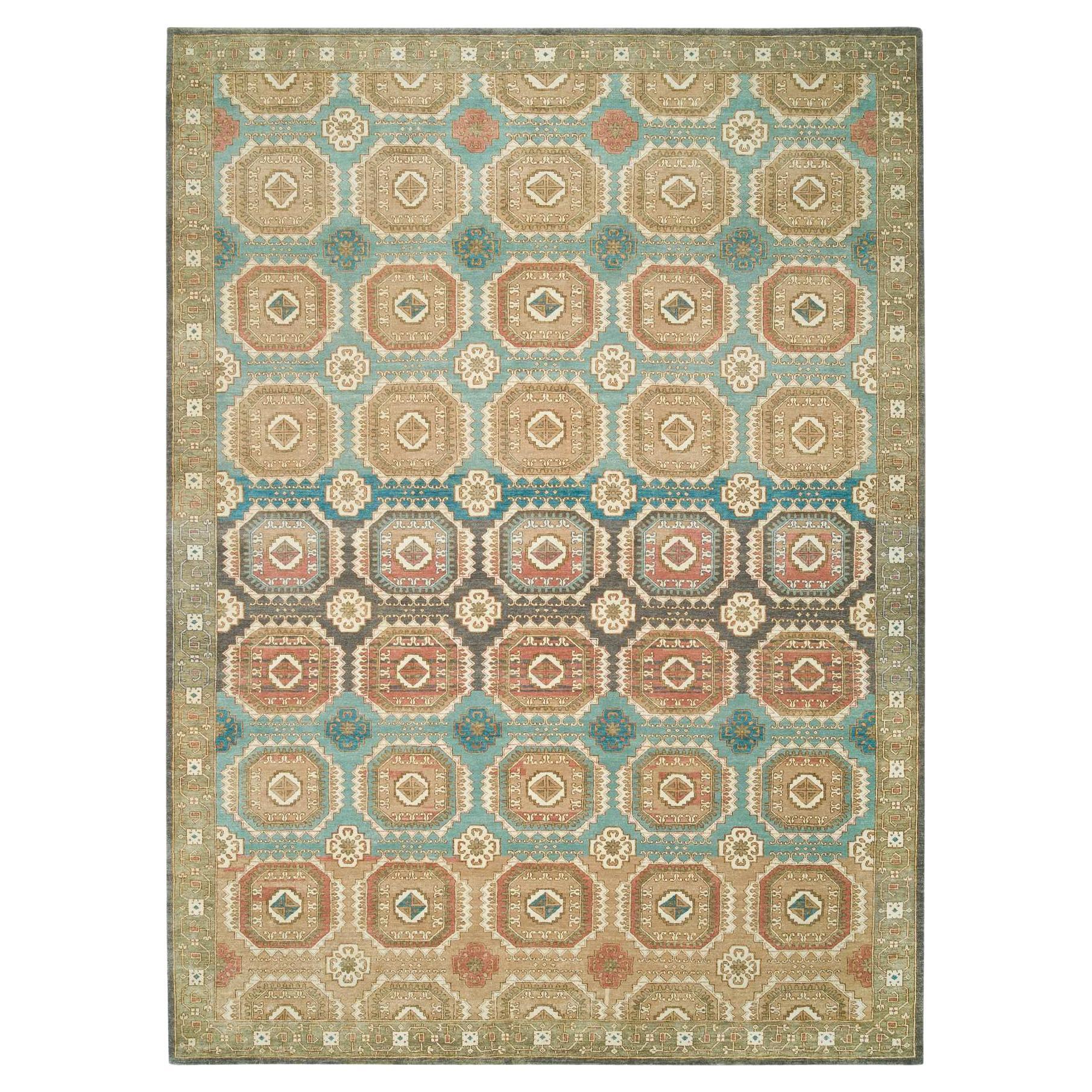 10'x14' Tapis oriental turquoise/marron en laine de Ghazni filée à la main à motifs Gul du Caucase