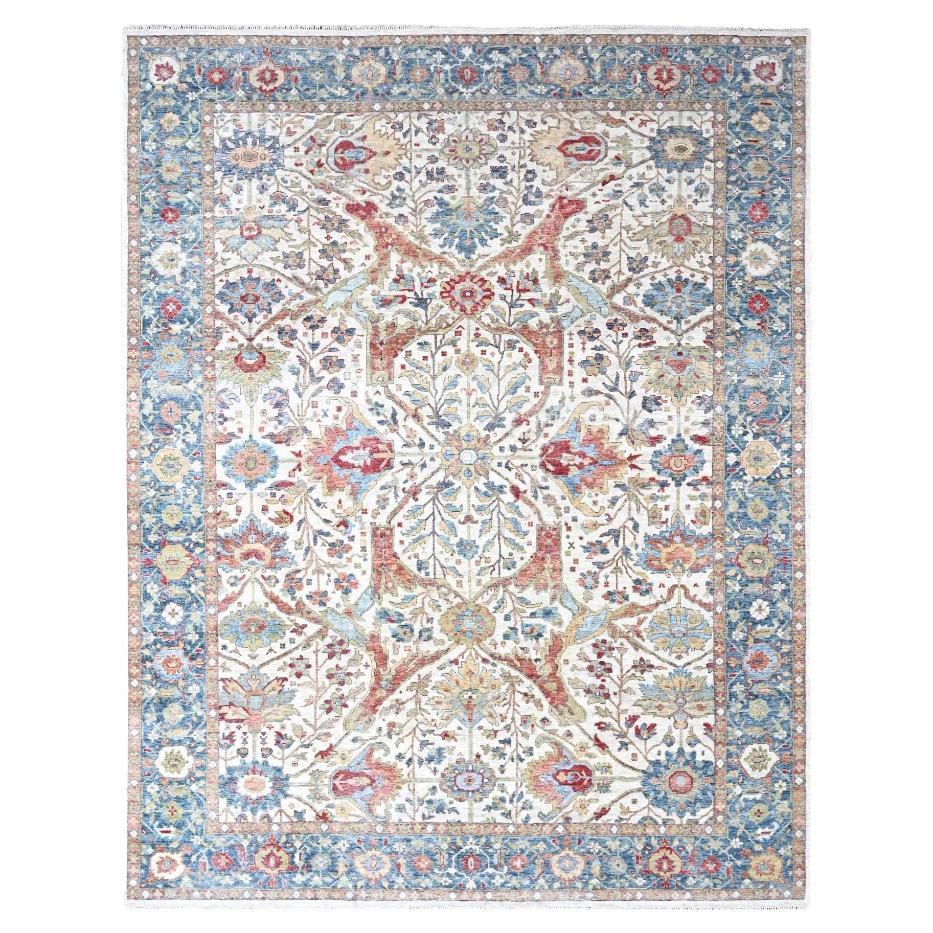 Alfombra de lana anudada a mano con diseño Ziegler Mahal, Persa blanca envejecida 10'x14