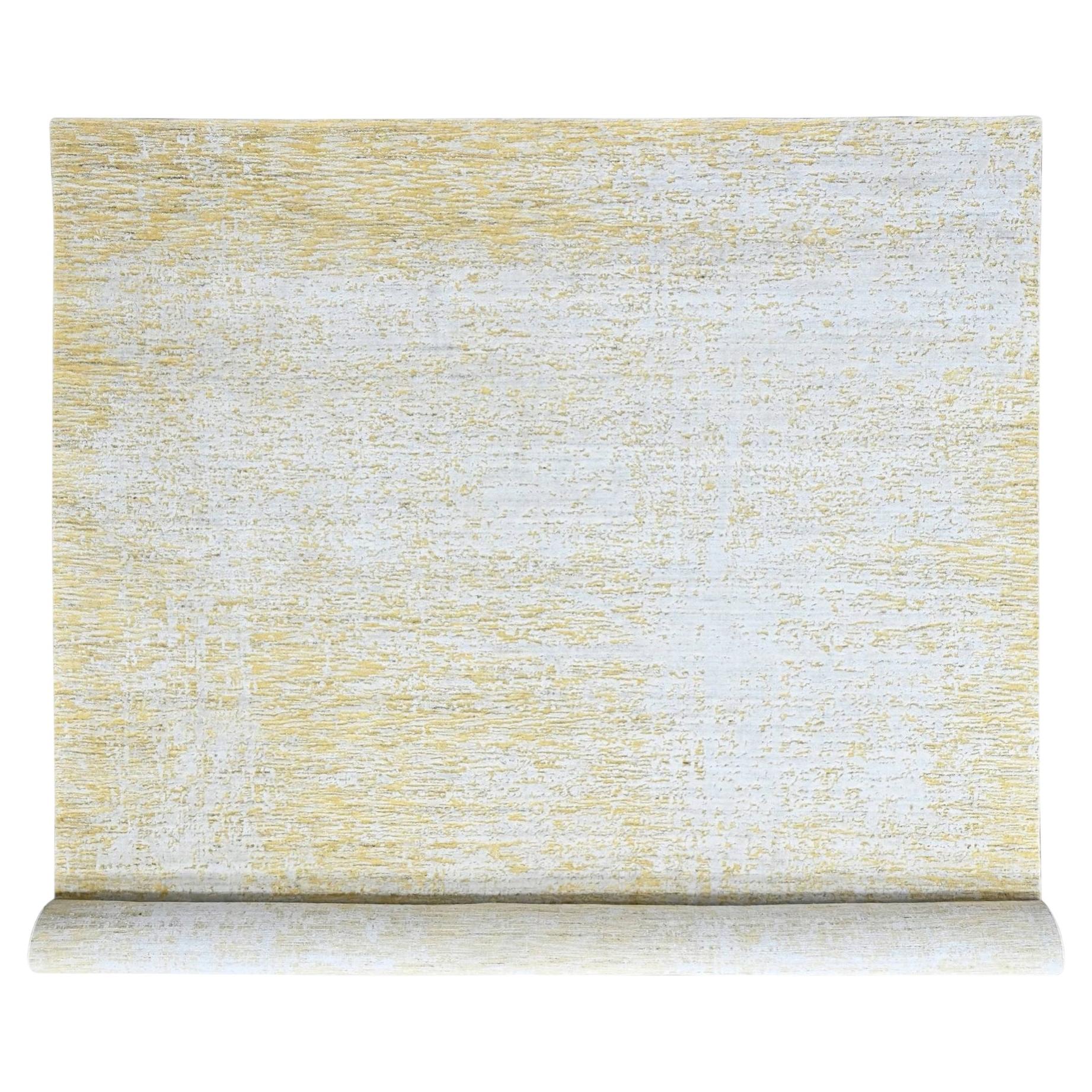 10'x14' gelber, moderner, handgewebter Orientteppich aus Wolle und Seide mit strukturiertem Flor
