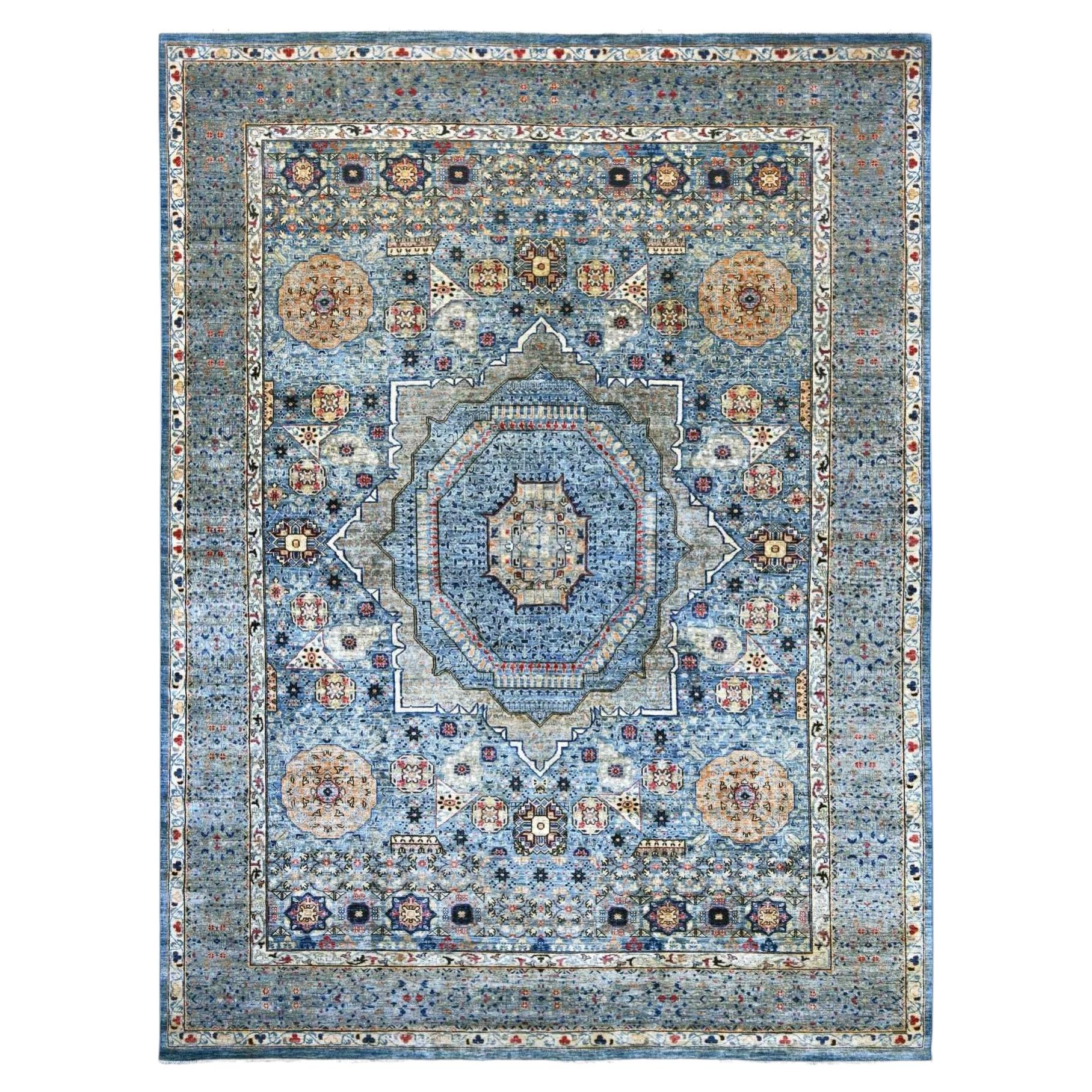 10'x14'1" Blue 14th Century Mamluk Dynasty Pattern Hand Knotted Pure Wool Rug For Sale