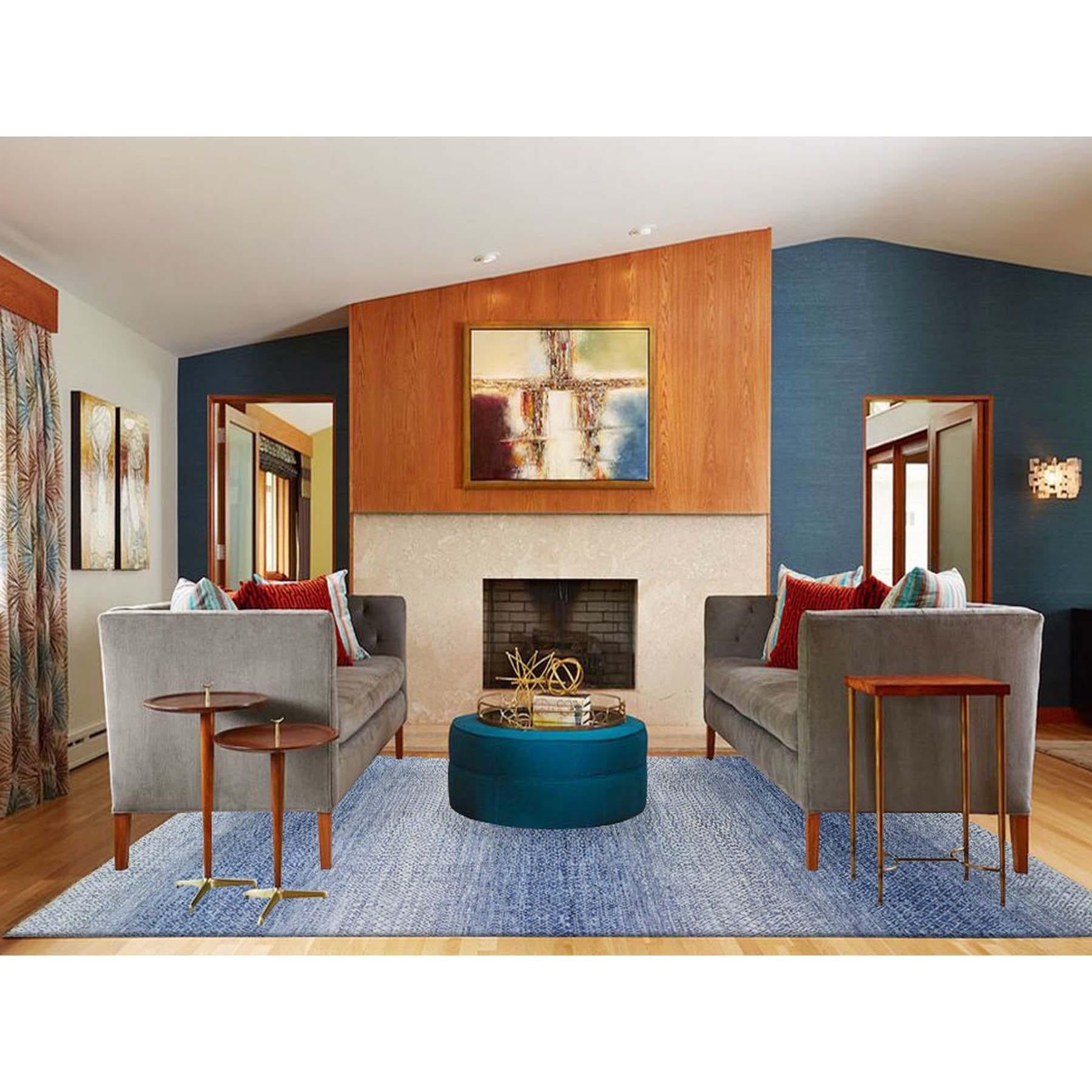 This is a truly genuine one-of-a-kind Blue, Modern Chiaroscuro Collection, Thick and Plush Pure Wool Hand Knotted, Oriental Rug. It has been Knotted for months and months in the centuries-old weaving craftsmanship techniques by expert