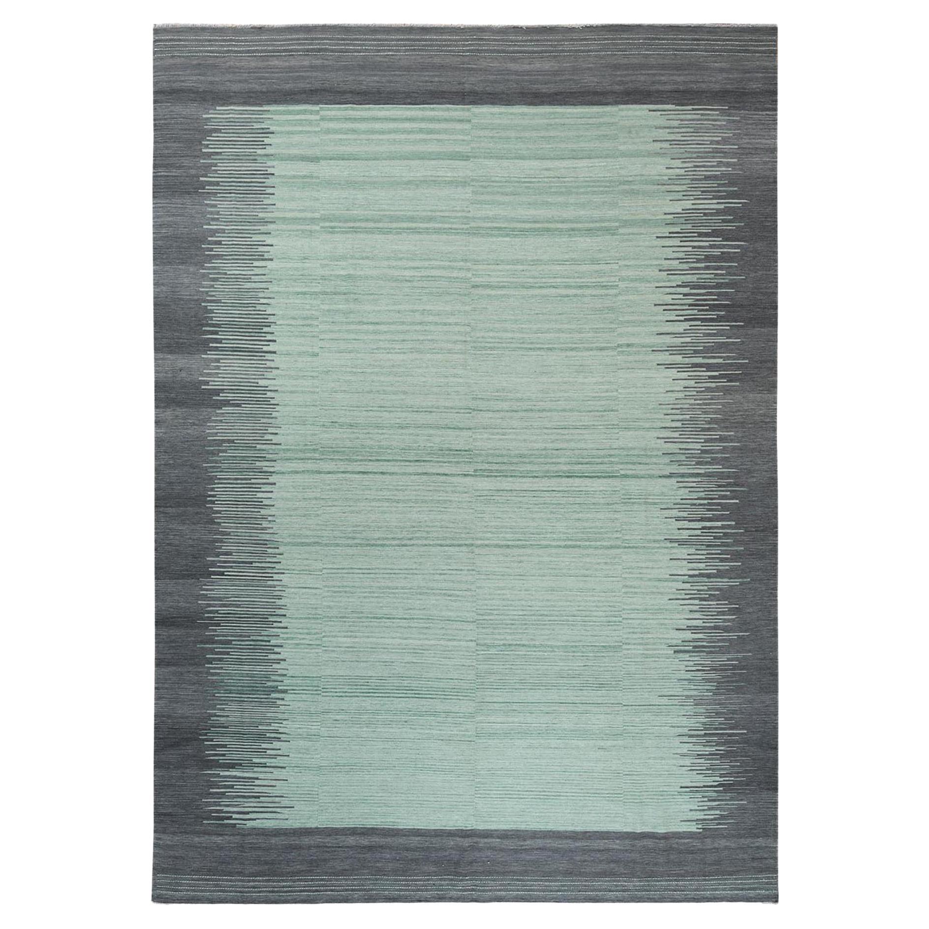 10'x14'1" Hand Woven Light Green Flat Weave Kilim with Ethnic Design Wool Rug