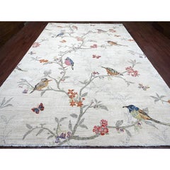 10'x14'1" Ivory Hand Knotted Sparrows on the Tree Peshawar All Wool Oriental Rug