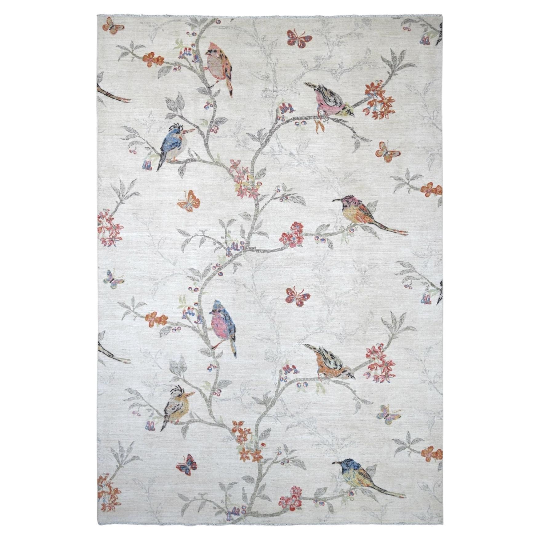 10'x14'1" Ivory Hand Knotted Sparrows on the Tree Peshawar All Wool Oriental Rug