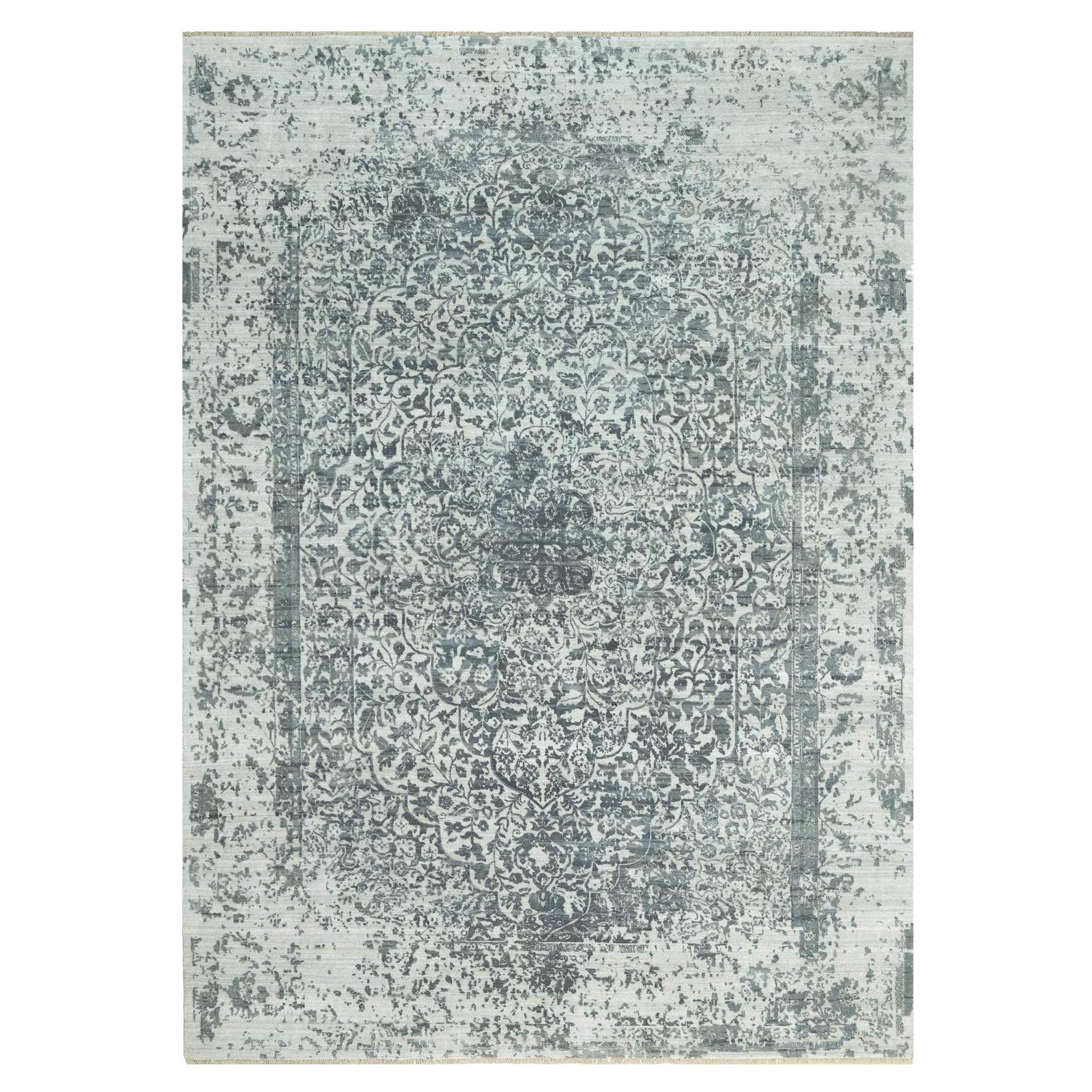 10'x14'1" Stonington Gray Hand Knotted Wool Silk Zoroastrian Design Oriental Rug For Sale