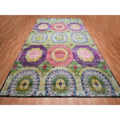 10'x14'1" Yellow Colorful Mamluk Design Sari Silk with Wool Hand Knotted Rug