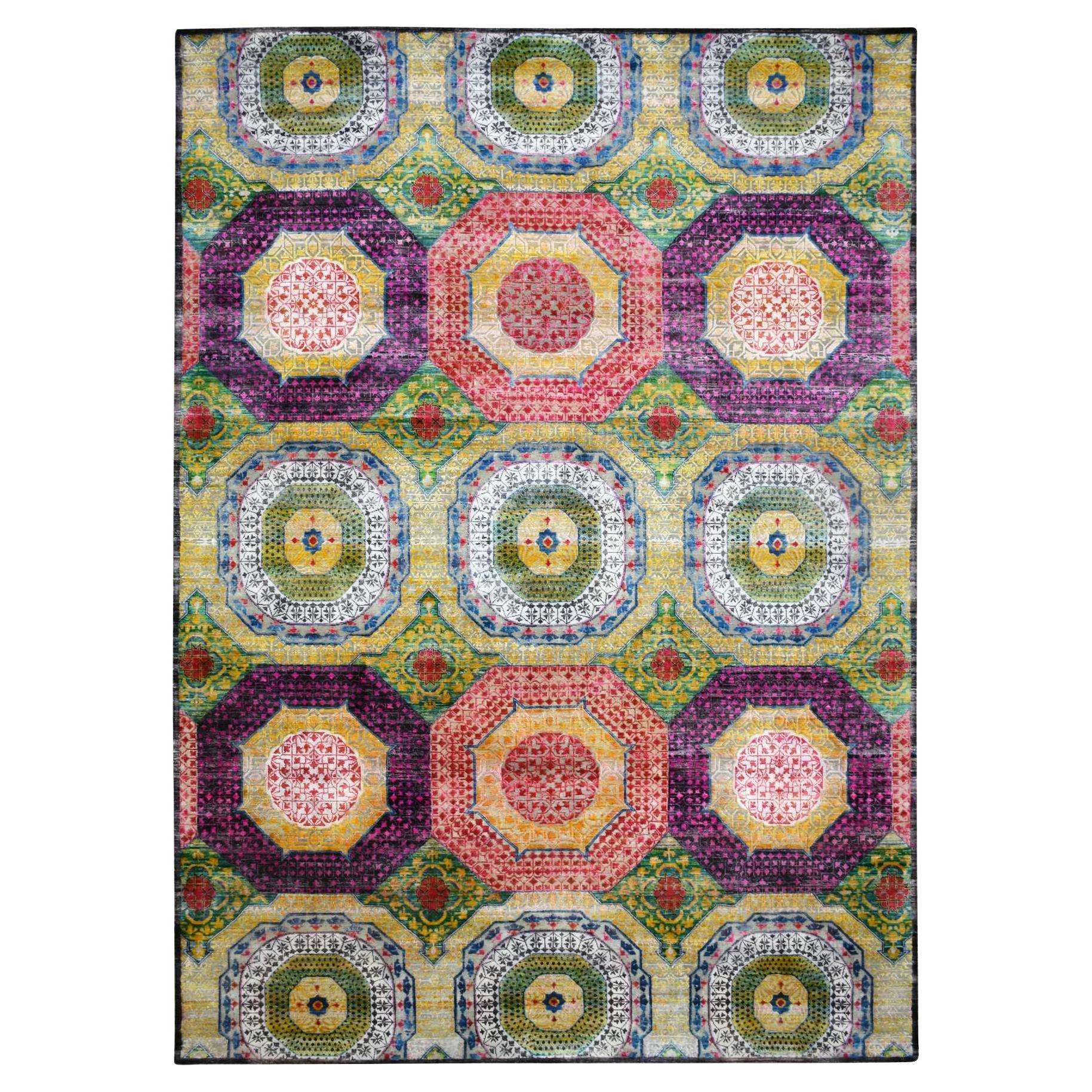 10'x14'1" Giallo colorato Mamluke Design Sari in seta e lana annodato a mano Rugs