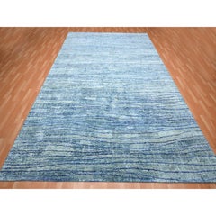10'x14'2" Aqua Blue with Teal Wave Design 100% Silk Hand Knotted Oriental Rug