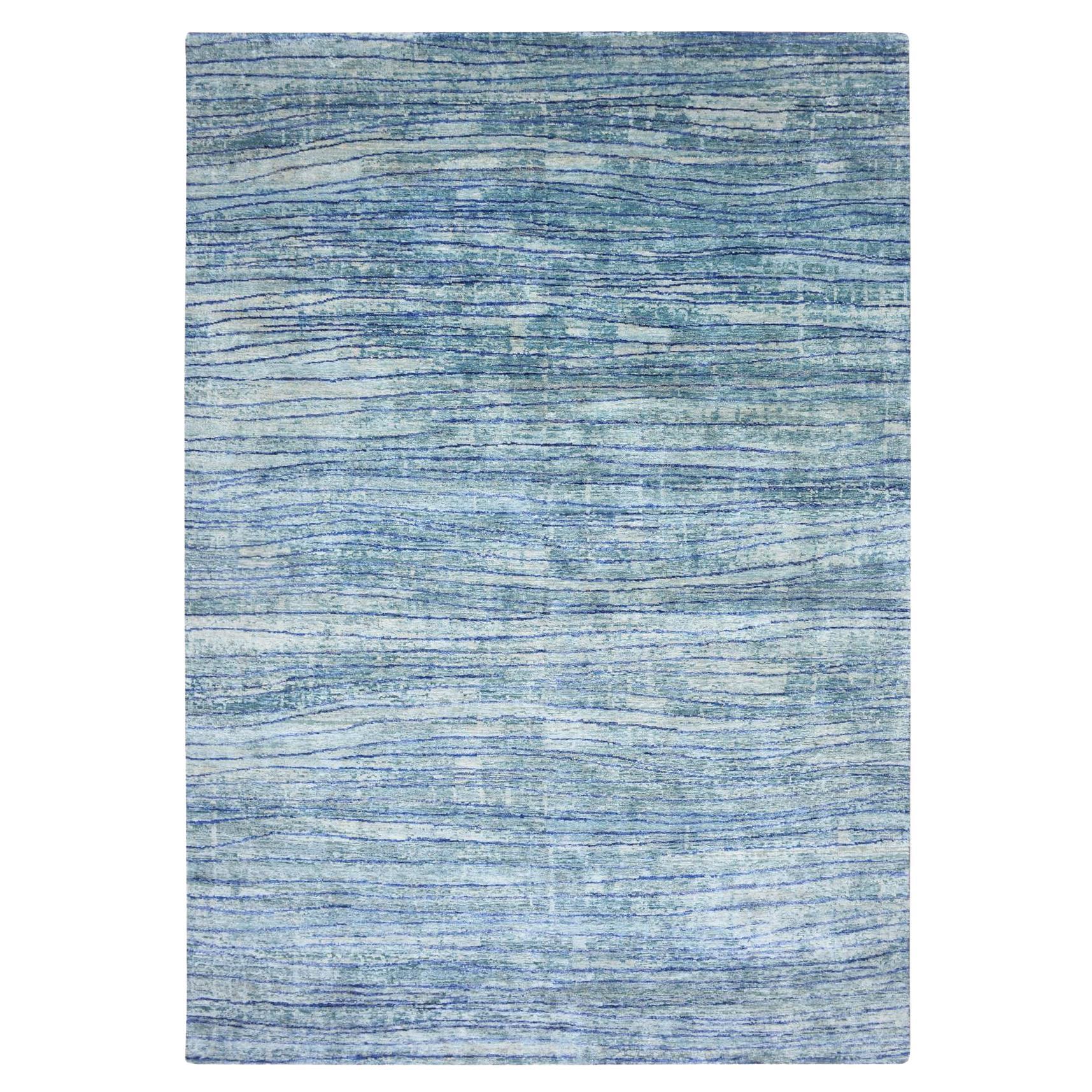 10'x14'2" Aqua Blue with Teal Wave Design 100% Silk Hand Knots Rugs