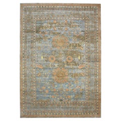 10'x14'2" Blue Khotan Influence with Distinct Abrash Hand Knotted Wool-Silk Rug