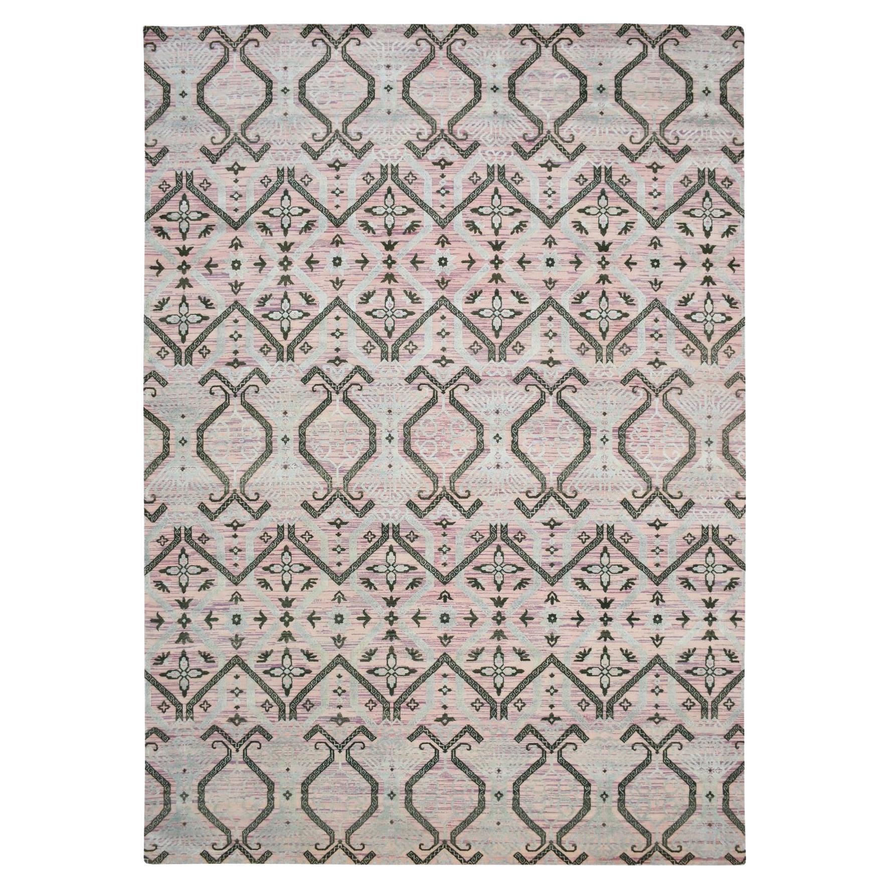 10'x14'2" Rosa Ikat Design mit geometrischem Muster Wolle und Seide Hand geknüpft Teppich im Angebot