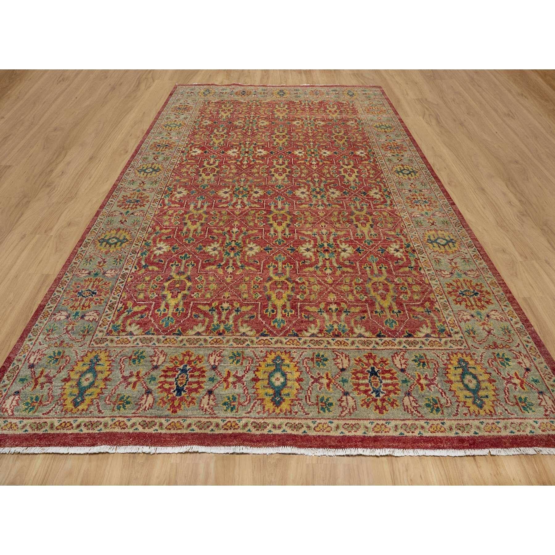 Scarlet Red, Antiqued Oushak Reimagined, Sheared Low, Pure Wool, Hand Knotted, Repetitive Star and Rosette Design, Oriental Rug
Primary materials: Wool
Latex: No Pile 
height: 0.25 Inches
Style: Traditional
Primary color: Red
Secondary colors: