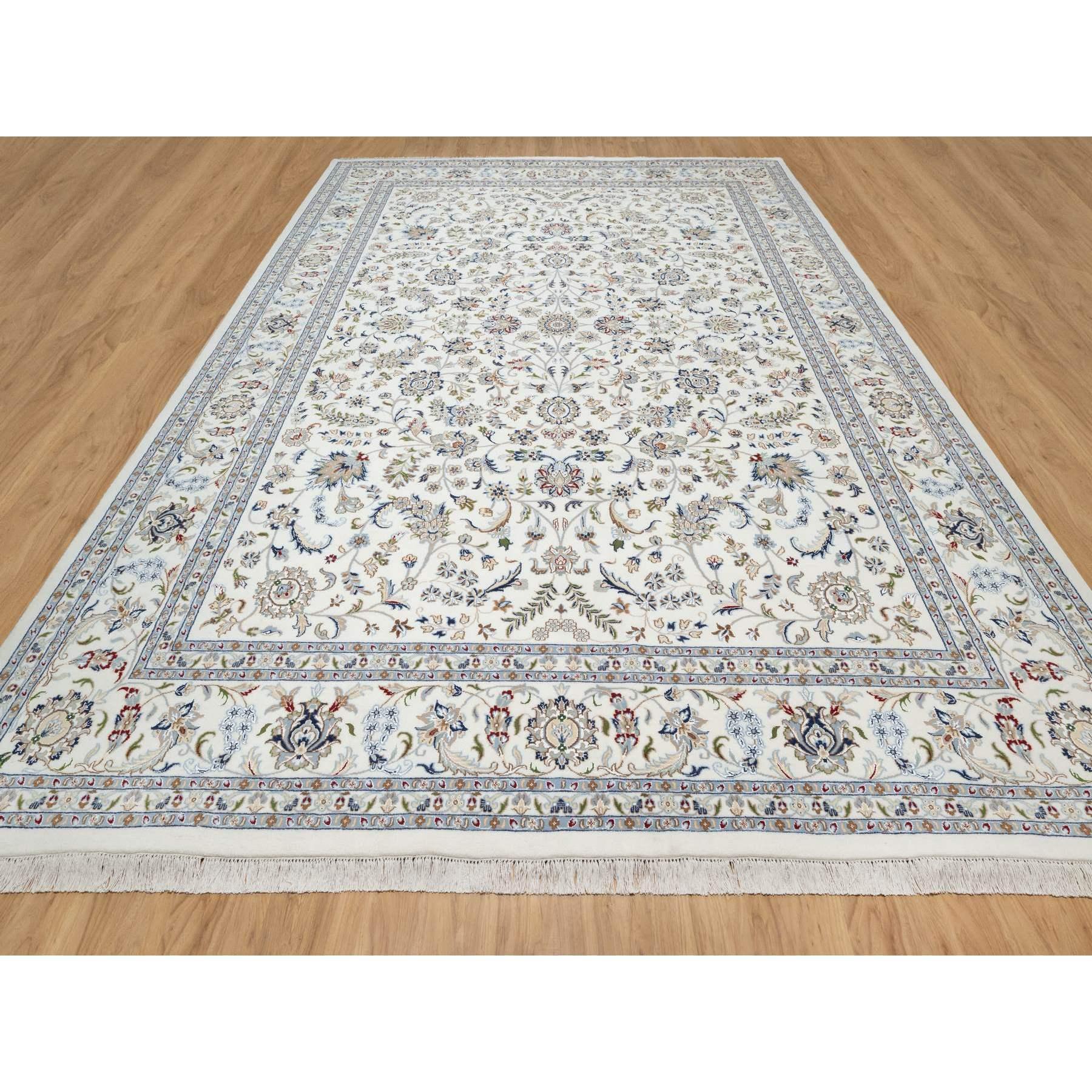 Vivid White, Wool and Silk, Nain All Over Floral Design, Hand Knotted, 250 KPSI, Oriental Rug
Primary materials: Wool & Silk
Latex: No Pile 
height: 0.25 Inches
Style: Traditional
Primary color: Ivory
Secondary colors: Brown, Green, Blue, Red, Light