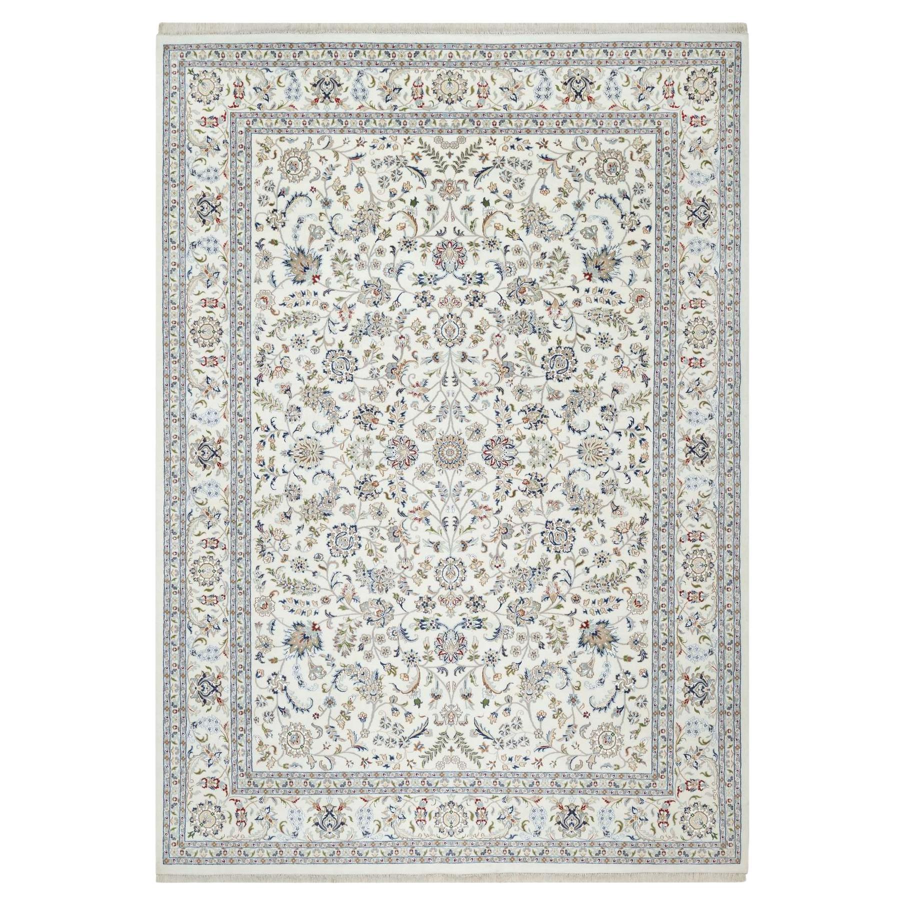 10'x14'2" Vivid White Wool and Silk Nain Floral Design Hand Knotted 250 KPSI Rug