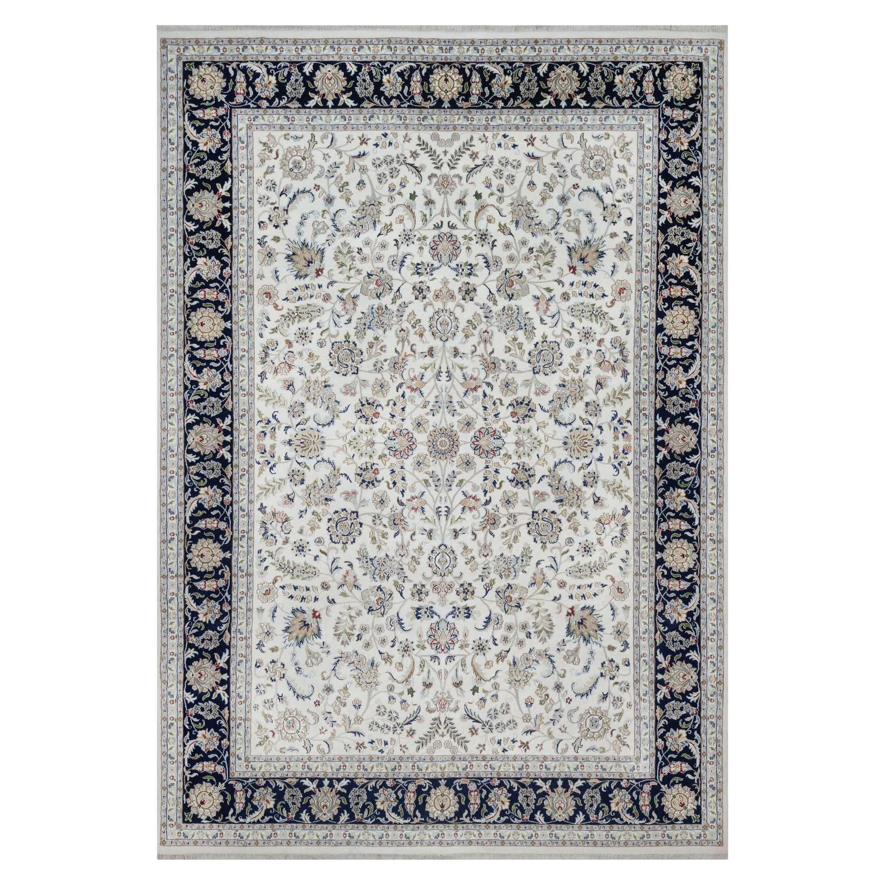 10'x14'3" Perlweißer Nain mit Blumendesign Wolle und Seide Handgeknüpfter Teppich