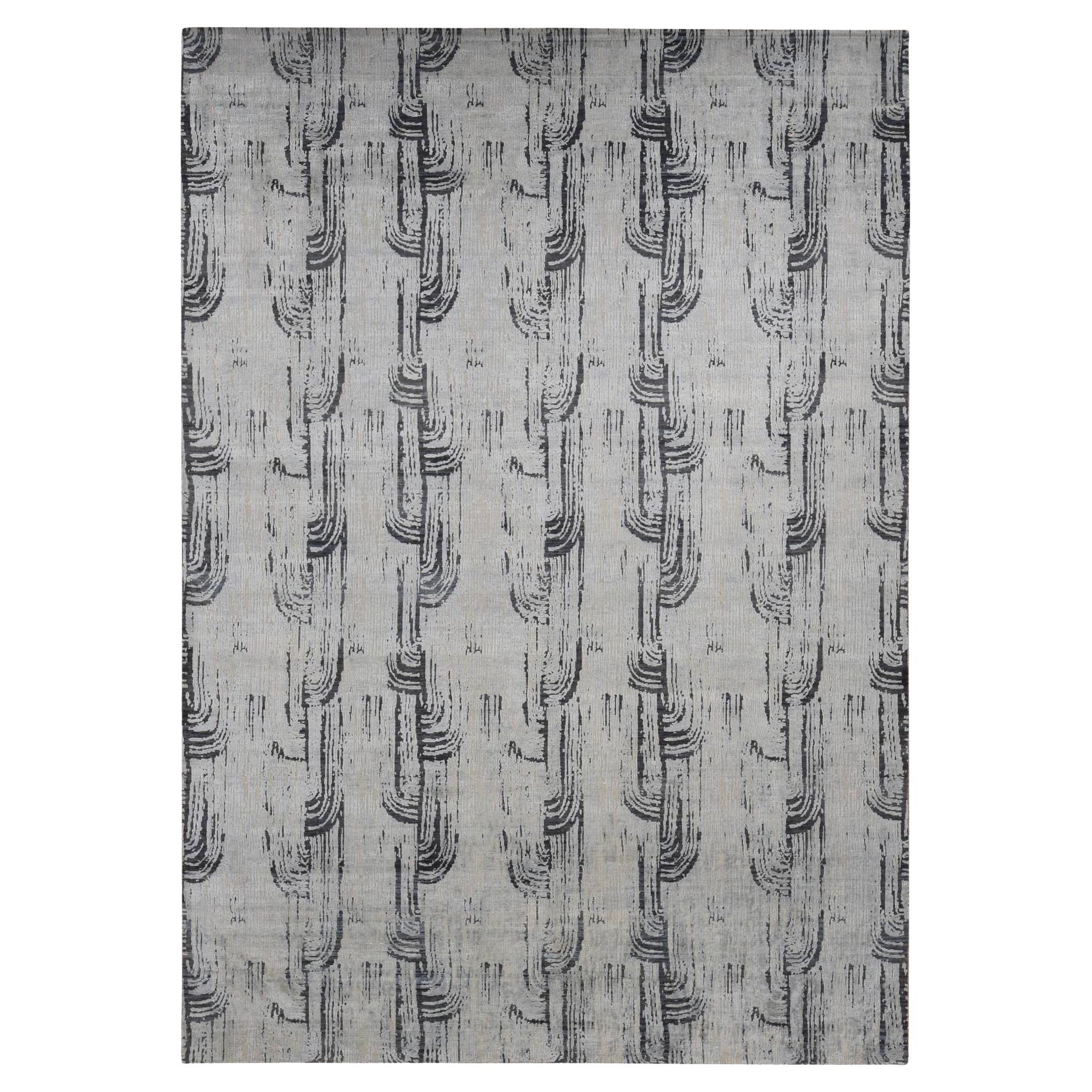 10'x14'5" Cloud Gray The Cane Design Seta e Lana annodato a mano Rugs