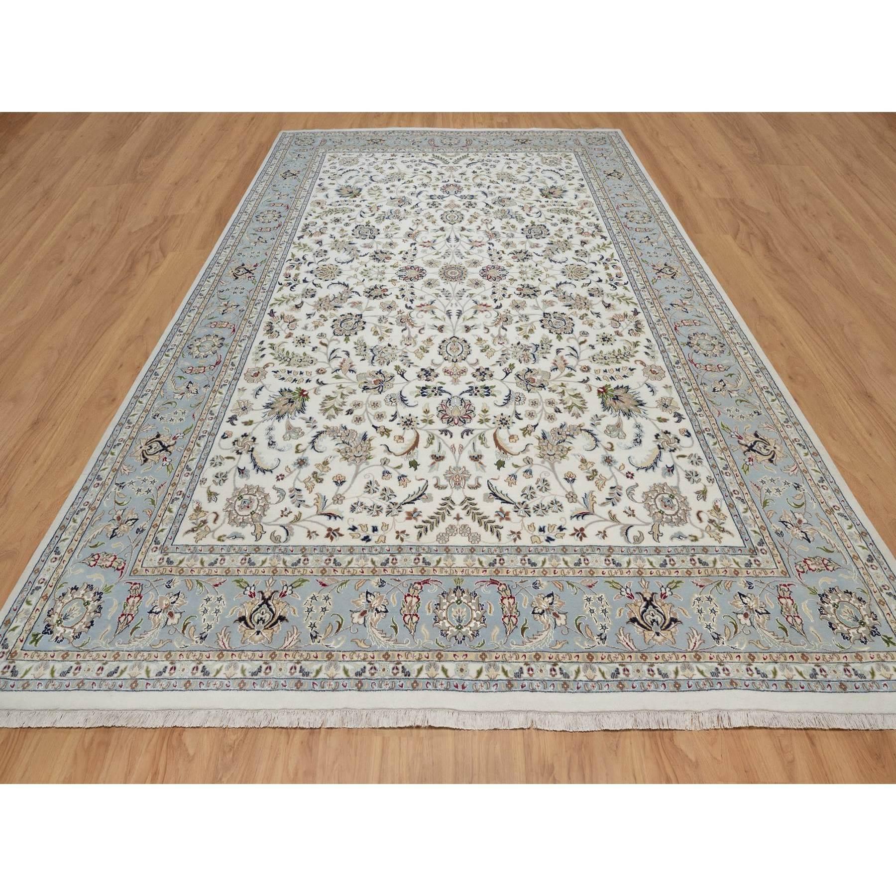 Pearl White, Wool and Silk, 250 KPSI, Nain with All Over Design, Hand Knotted, Oriental Rug
Primary materials: Wool & Silk
Latex: No Pile 
height: 0.25 Inches
Style: Traditional
Primary color: Ivory
Secondary colors: Red, Navy Blue, Green, Gray,