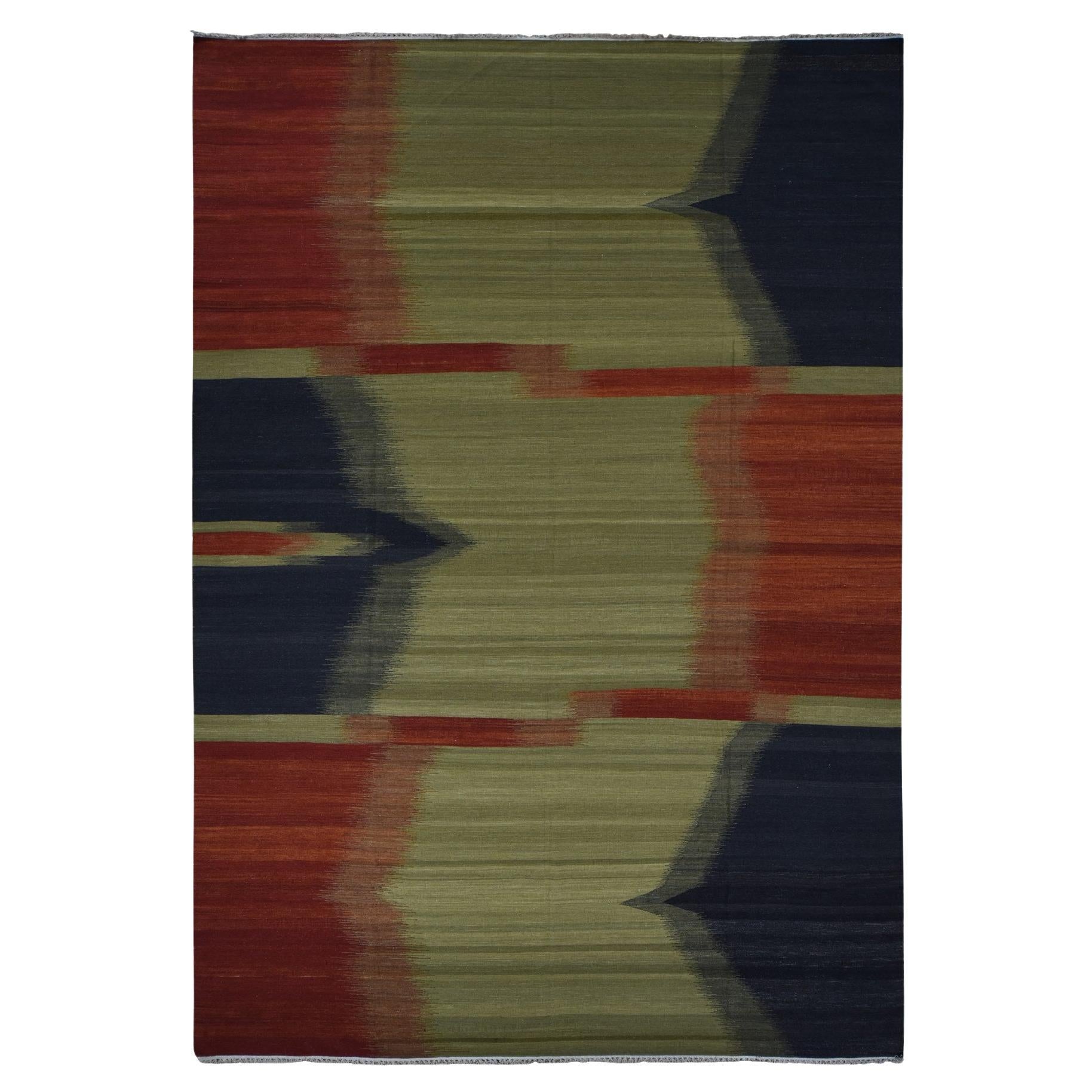 10'x14'6" Green Flat Woven by Hand Contemporary Kilim Design 100% Wool Rug