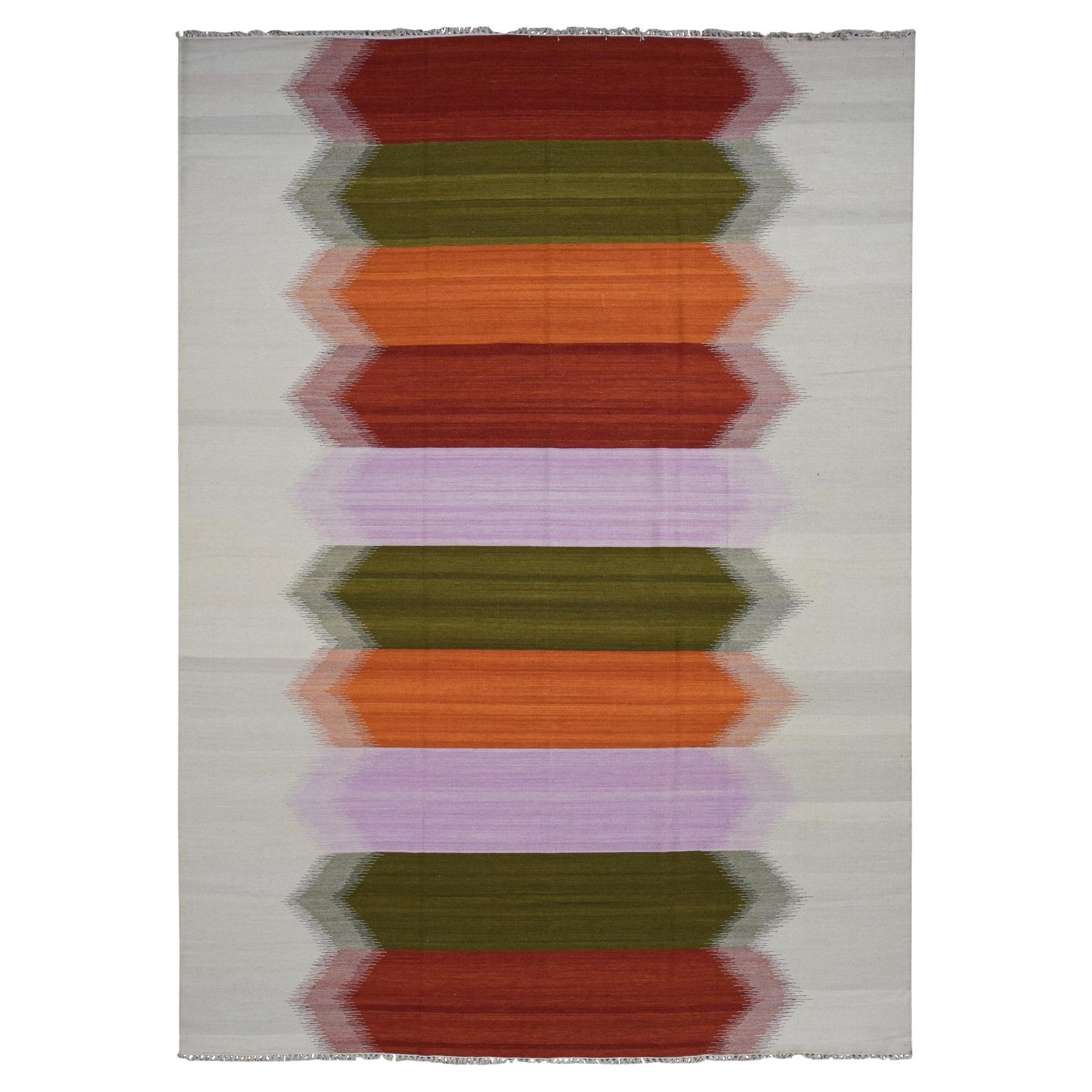 10
x14
8" Elfenbein, Flachgewebe Durie Kilim, Schillerndes Design, Handgewebt, Wolle, Teppich