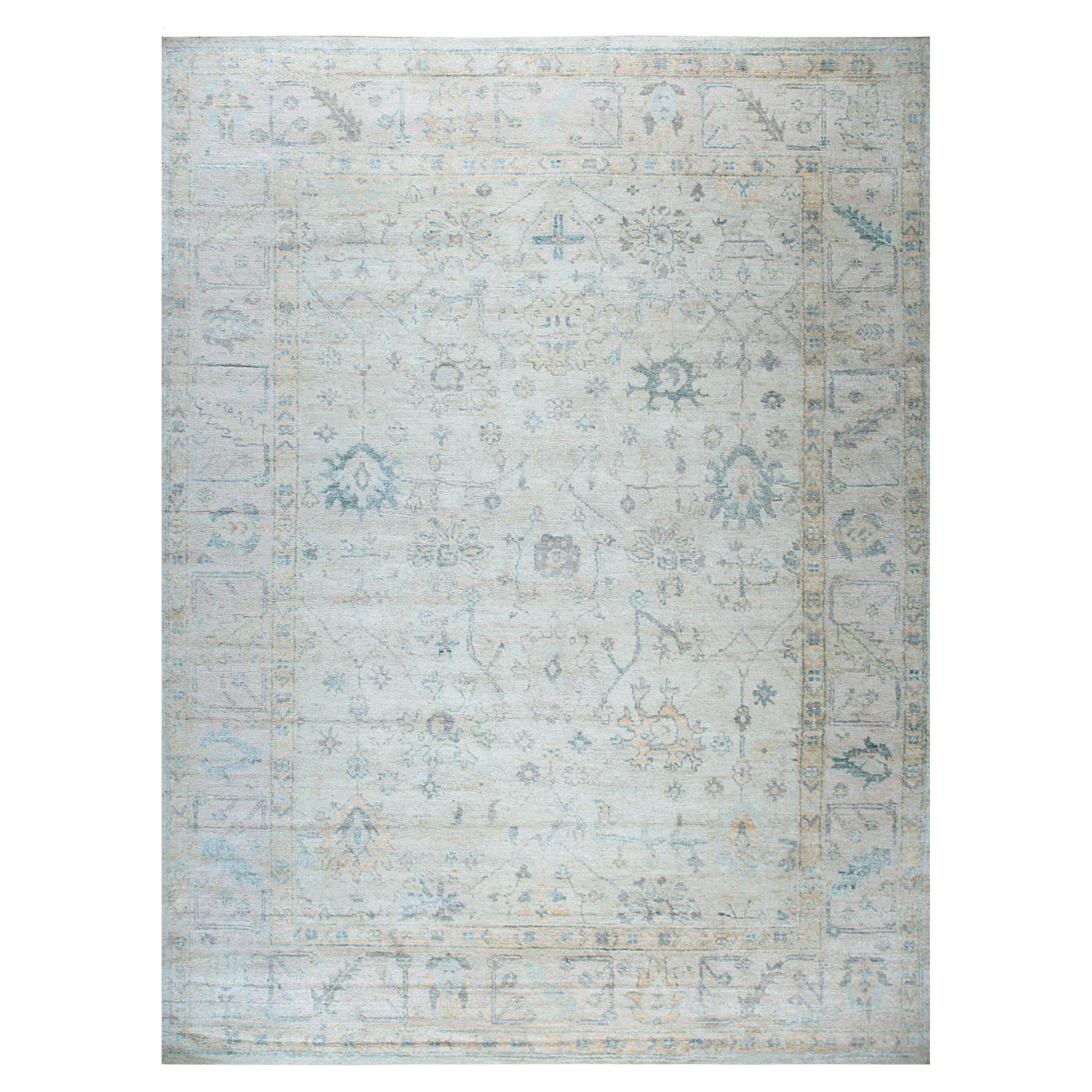 10x15 Ivory Hand-Knotted Silk Faded Floral Medallion Traditional Carpet Rug