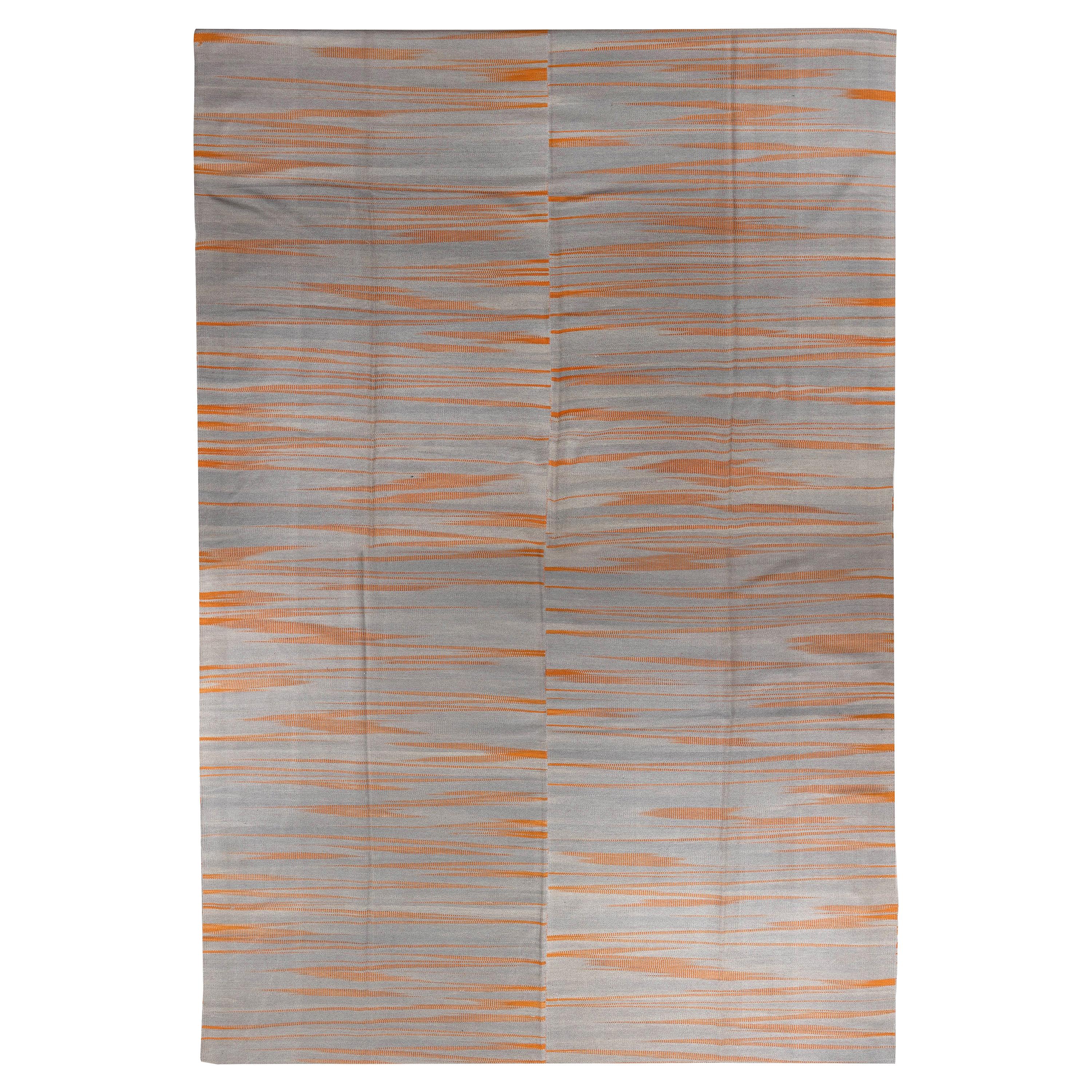 Tapis Kilim turc moderne double face 10x16,8 m, décoration intérieure, gris et orange