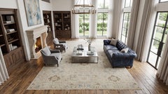 10x20 Hand-Knotted Indian Wool Rug with Oushak Motif in Muted Cream and Blue