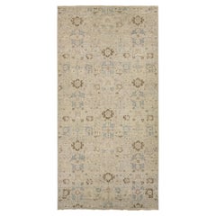 10x20 Hand-Knotted Indian Wool Rug with Oushak Motif in Muted Cream and Blue