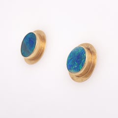 Natural Opal Stud Earrings Encased in 14 Karat Yellow Gold Bezels